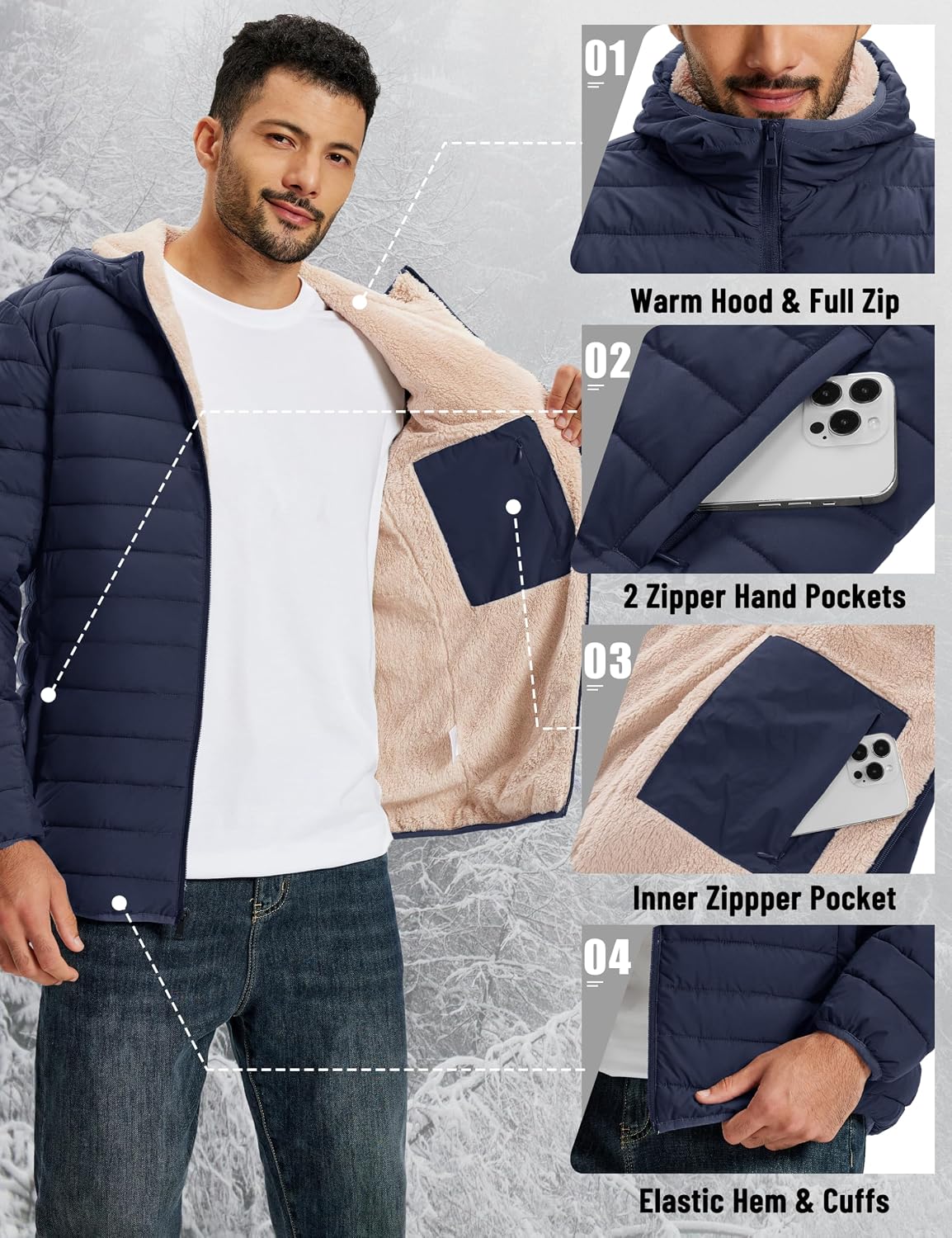 Detalle de TACVASEN Men's Sherpa-Lined Hooded Puffer Jacket, Windproof and Water-Resistant