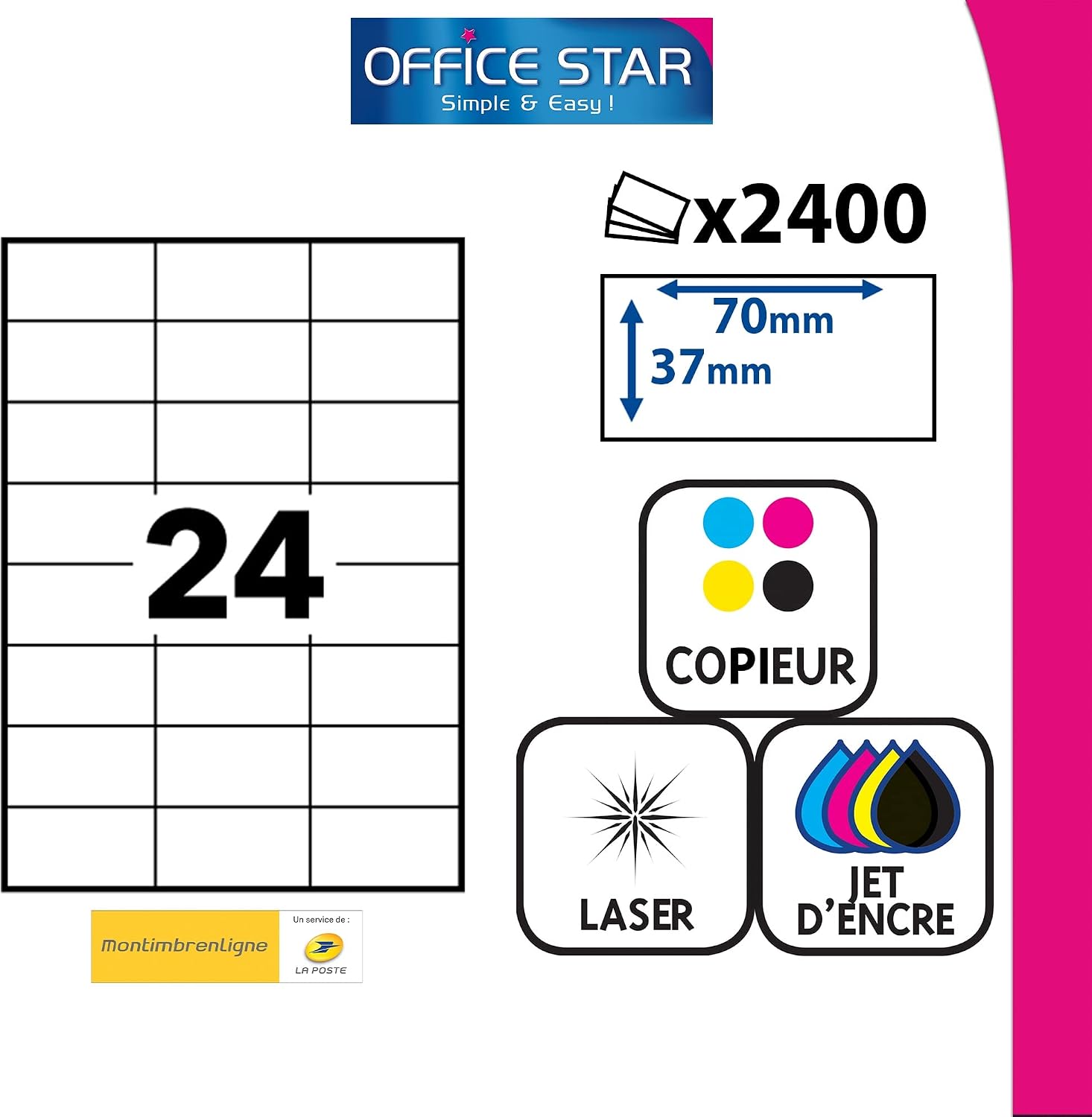 Detalle de OFFICE STAR - 2400 Étiquettes autocollantes blanches personnalisables (70 x 37 mm) pour impression imprimante laser/jet d'encre et copieur