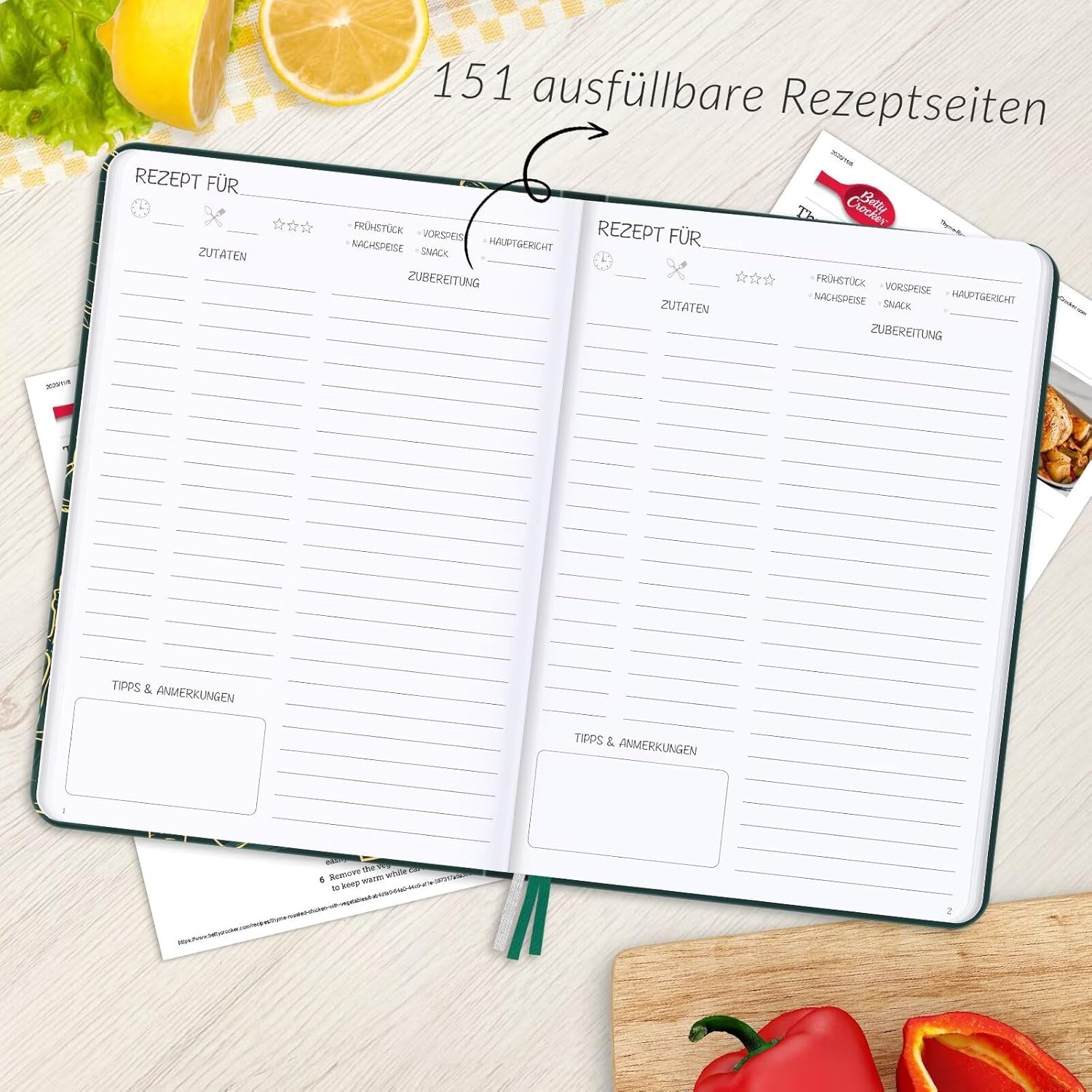 Detalle de AITBOLFIT Rezeptbuch zum Selberschreiben A5 mit Platz für 150 Rezepte (Tiefgrün)