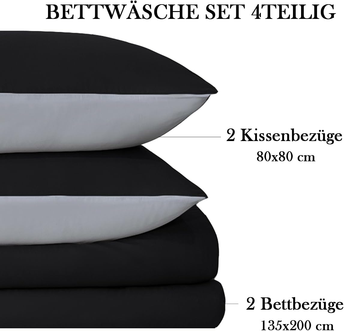 Detalle 2 de Nesture Bettwäsche 135x200 (4-teilig) Schwarz/Grau aus Microfaser, wendbar & bügelfrei