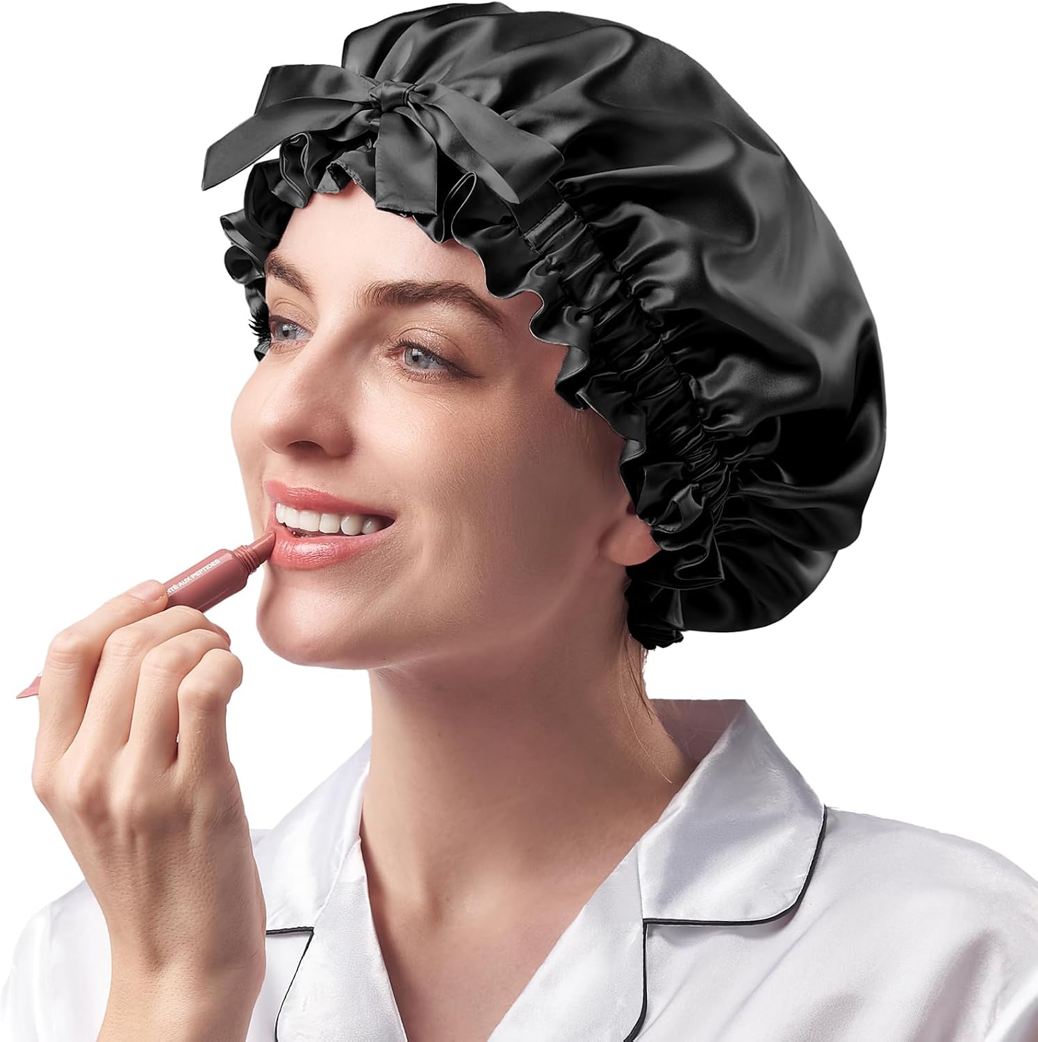 Umisleep 22 Momme Maulbeerseide Seidenhaube zum Schlafen – Doppellagig, verstellbares Band, Schwarz
