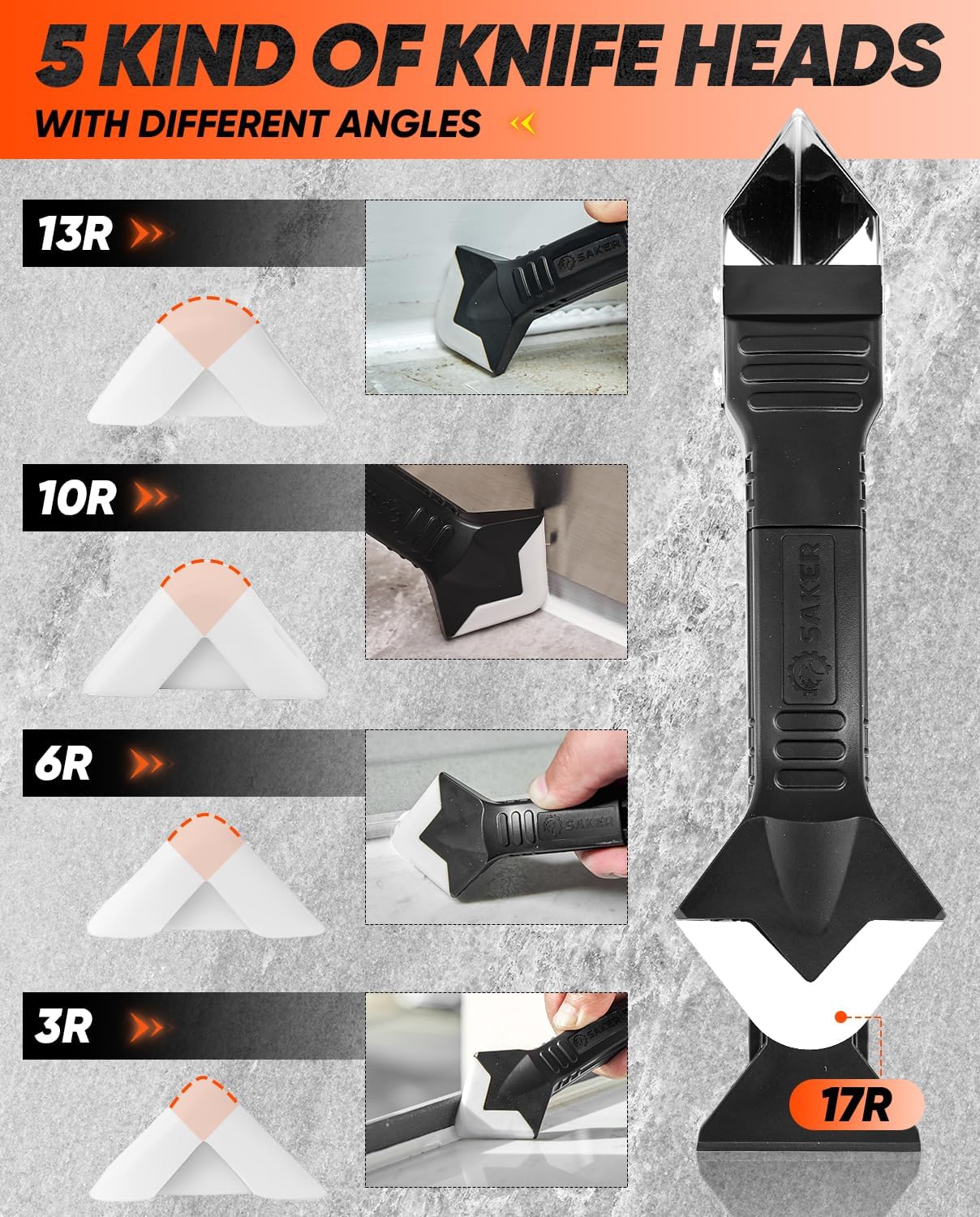 Detalle de Saker SAK4609 3-in-1 Silicone Caulking Tool with Stainless Steel Blade, Black