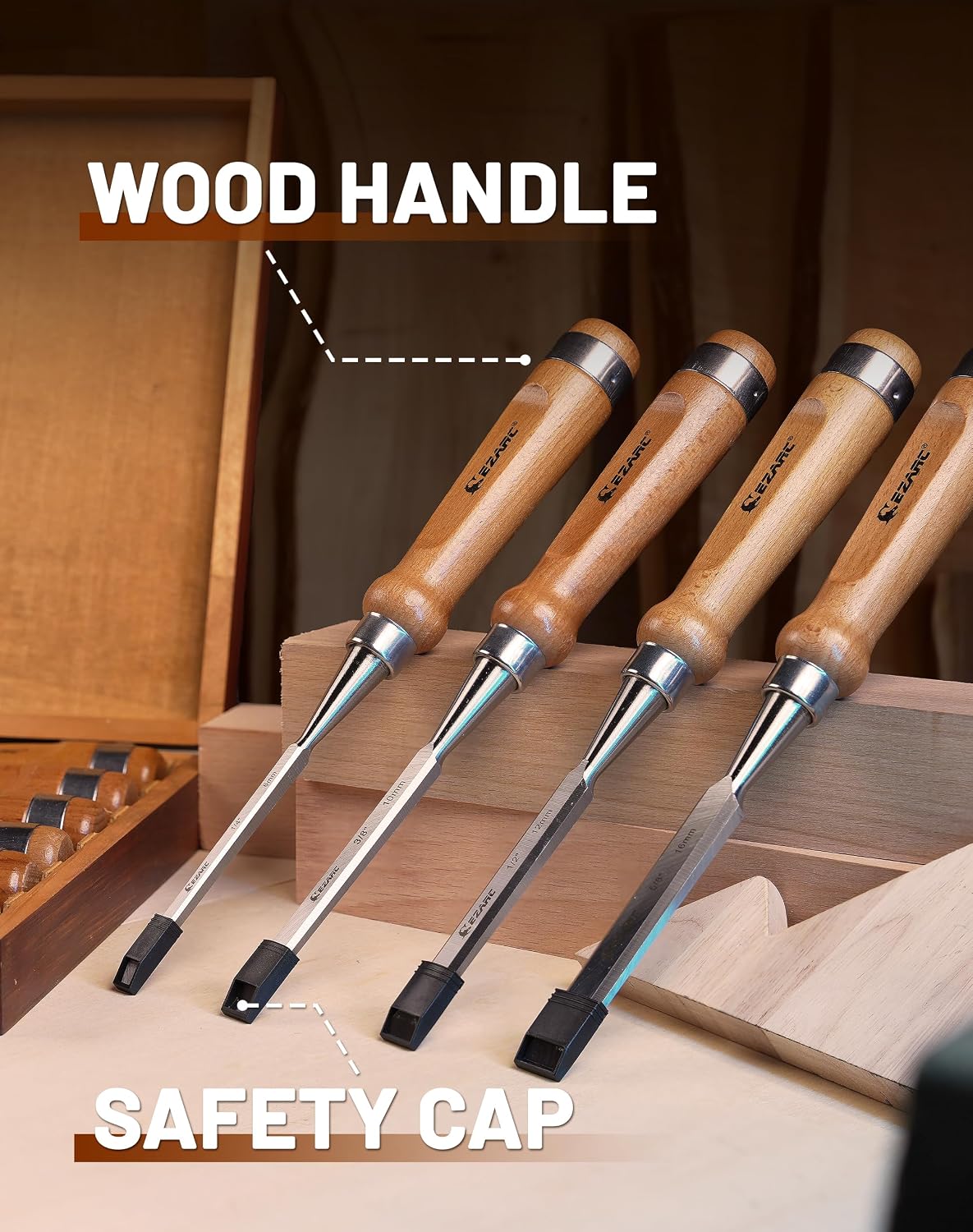 Detalle de EZARC 812295 Wood Chisel Set, 6-Piece Chrome-Vanadium Steel with Ash Handles