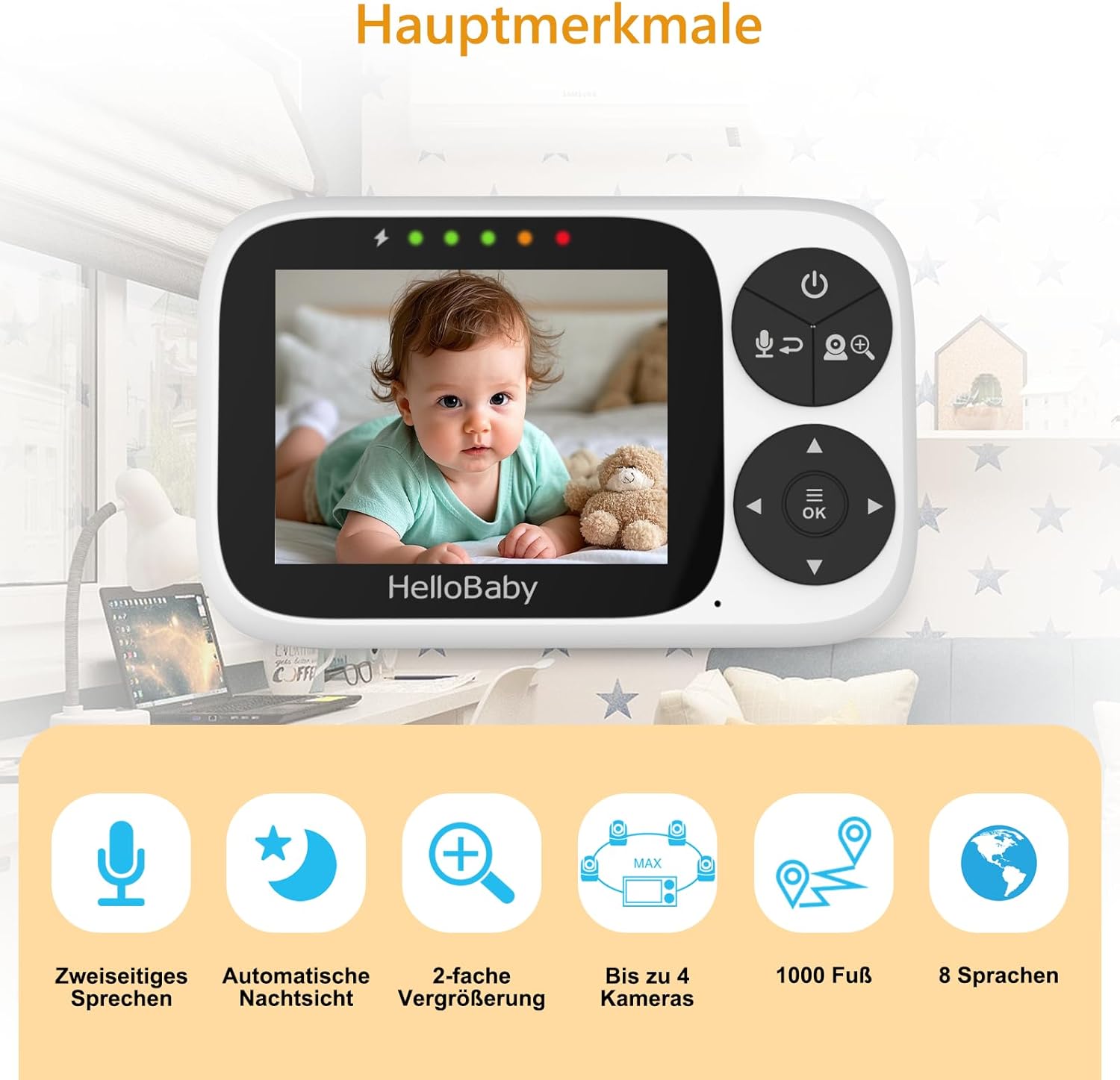 Detalle 2 de HelloBaby Babyphone mit Kamera – 3,2 Zoll IPS-Display, VOX-Modus, Nachtsicht, 2-Wege-Audio, ohne WLAN