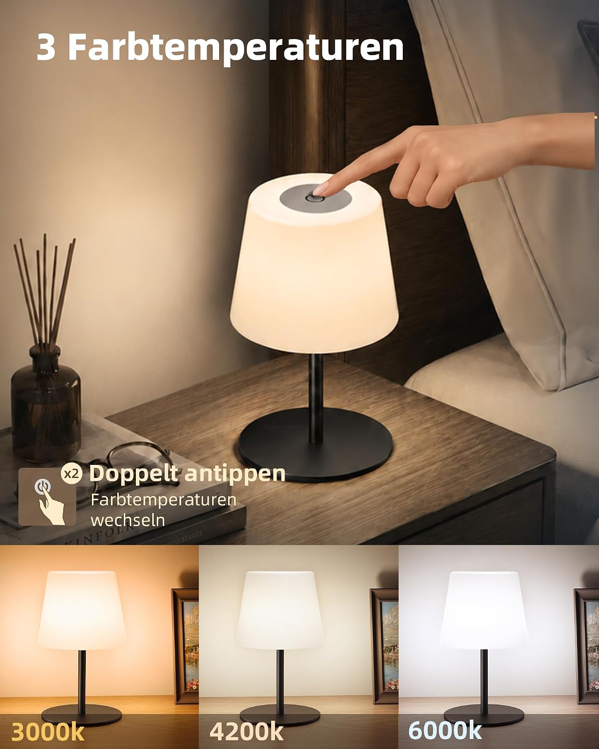 Detalle de EZVALO 2er-Set Kabellose Tischlampe LED – IP65, 4500mAh USB-C, Touch-Dimmbar, 3 Farbtemperaturen