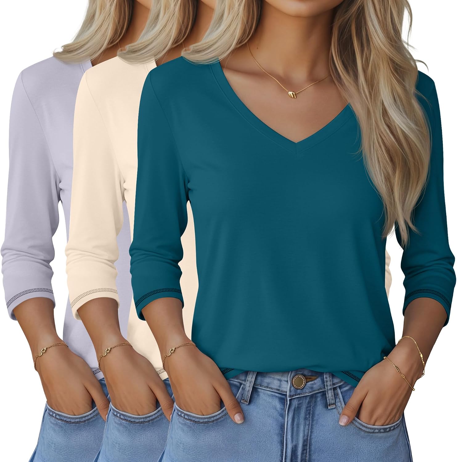 Thumbnail 6 de Ficerd 3 Pack Women's 3/4 Sleeve V-Neck T Shirts - Loose Fit Casual Tees