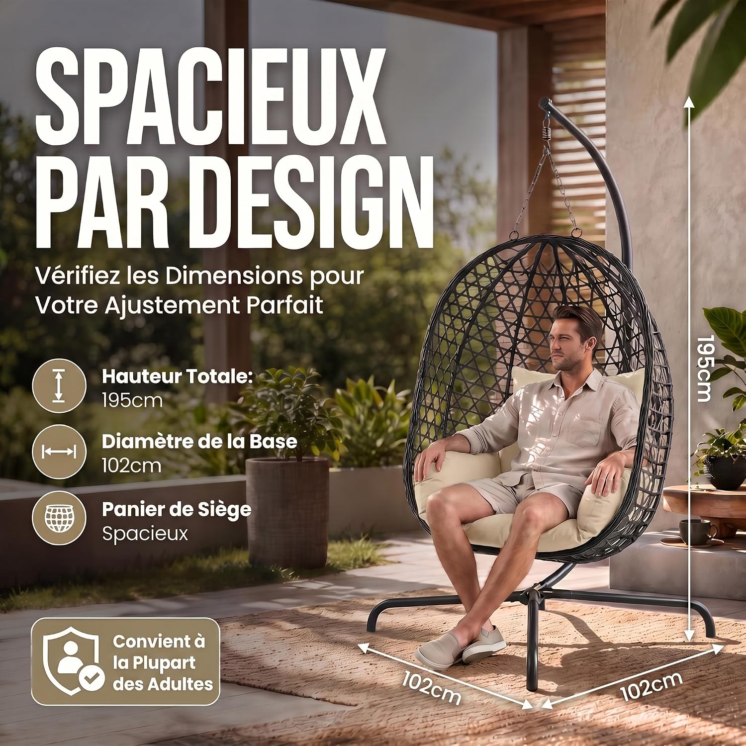 Thumbnail 4 de GOODS+GADGETS® Fauteuil Suspendu avec Support – Egg Chair 120 kg, rotin synthétique et coussin épais