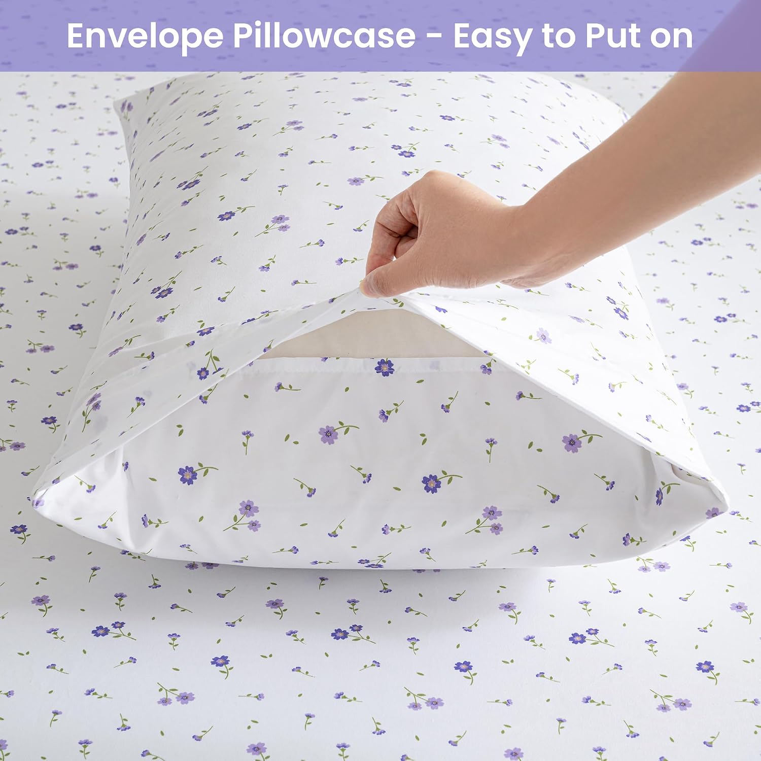 Detalle de Softan Floral Queen Sheet Set (Purple Flower) — Microfiber 4-Piece Bedding Set with 15" Deep Pocket