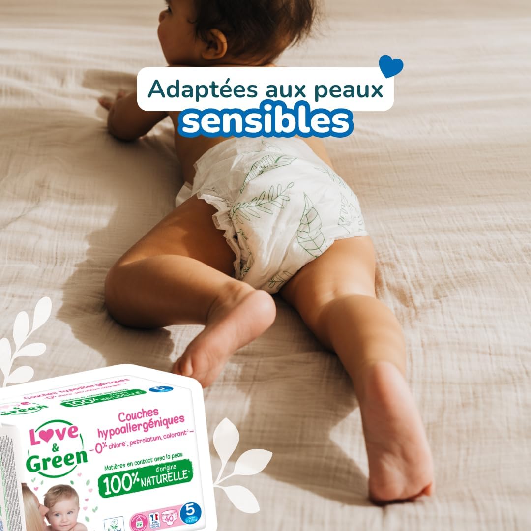 Detalle de Love & Green Couches Bébé Saines et Écologiques – Taille 5 (11-25 kg) – Pack 1 Mois (160 couches)