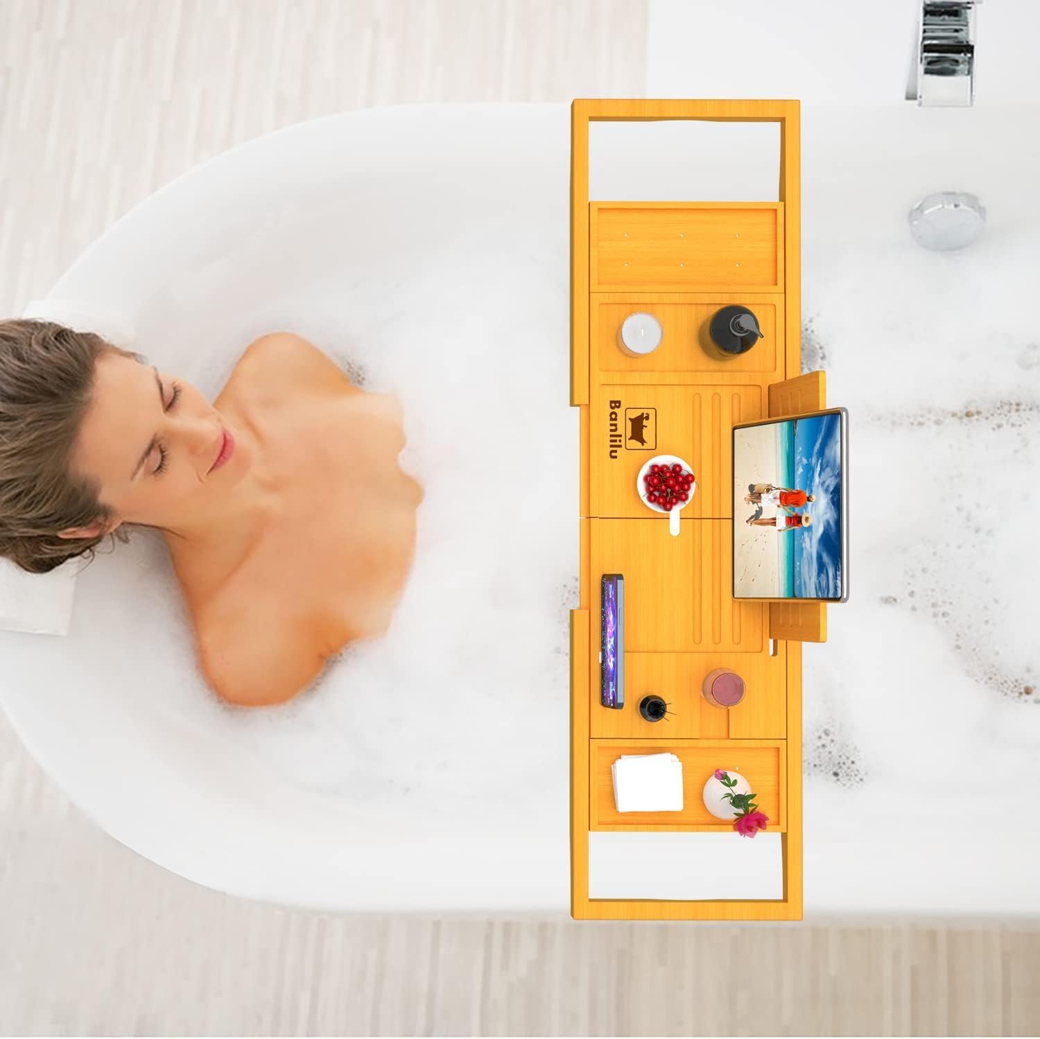 Detalle 2 de Ausziehbare Badewannenablage Bambus 72–102 cm