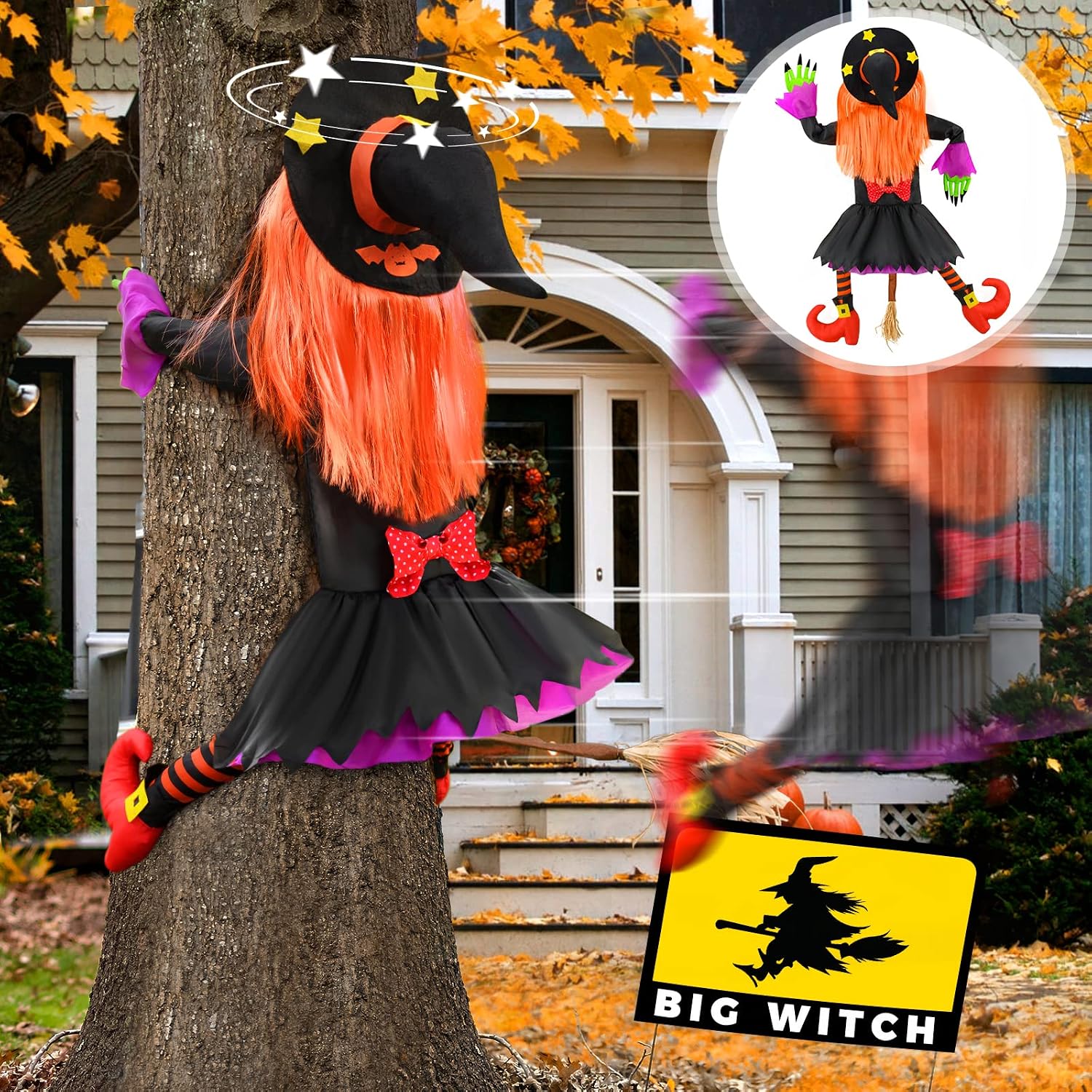 Detalle de Bswalf 55-Inch Crashing Witch Halloween Decoration, Hanging Outdoor Prop