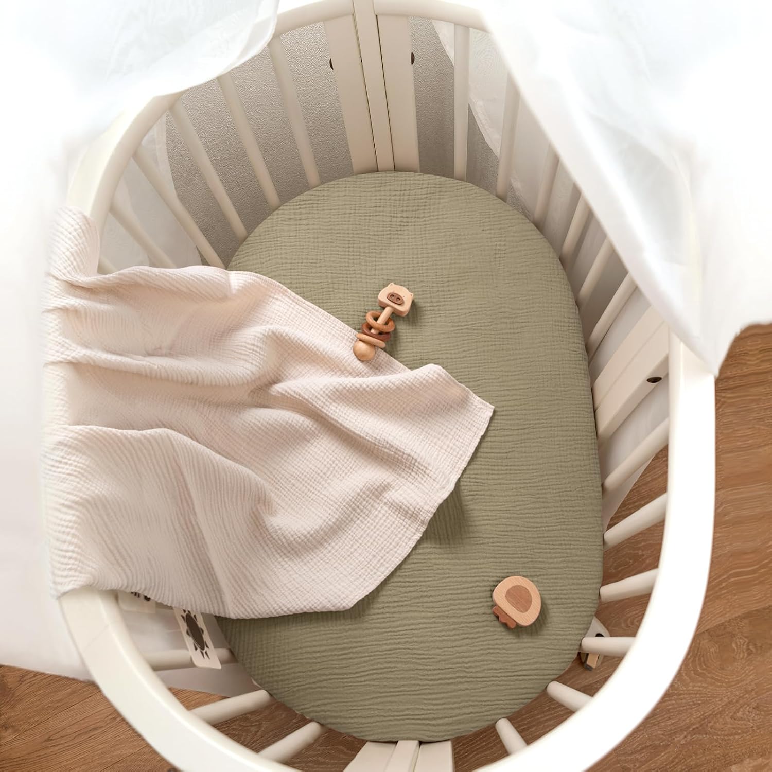Detalle 1 de lulumoon BS-4 Muslin Bassinet Sheets, 2-Pack, Olive & Cream Cotton