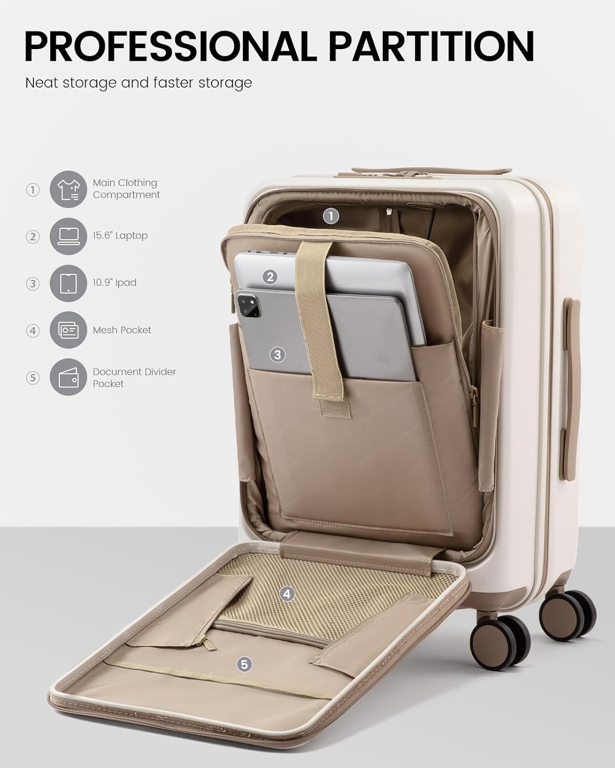 Detalle de LOVEVOOK Handgepäck Koffer 55 cm – 100% Polycarbonat, 45 L, TSA-Schloss, Laptopfach bis 15,6 Zoll