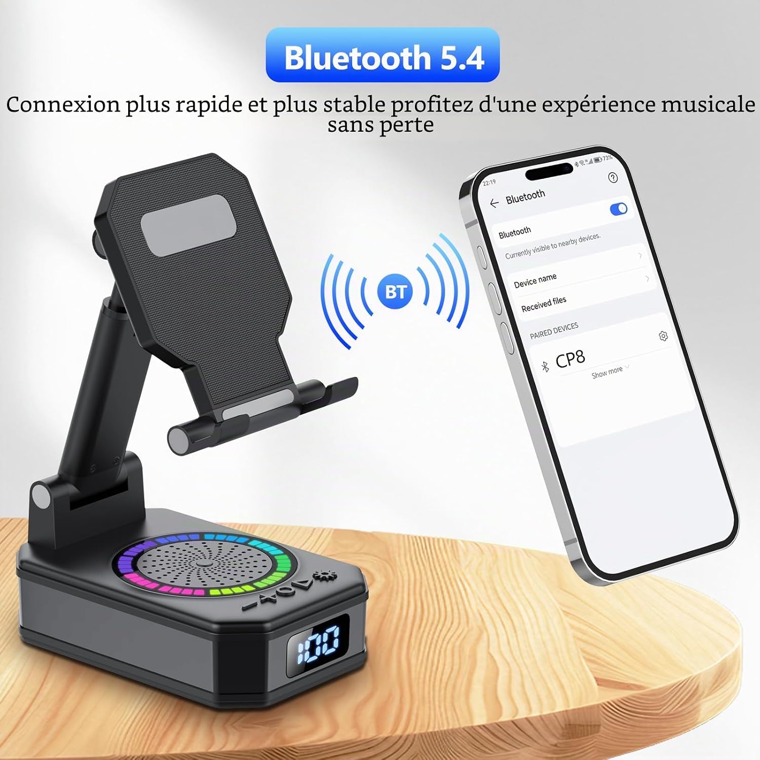 Detalle de Cadeau Homme : Enceinte Bluetooth 4-en-1 avec support, recharge et lumière RGB — idée Fête des Pères