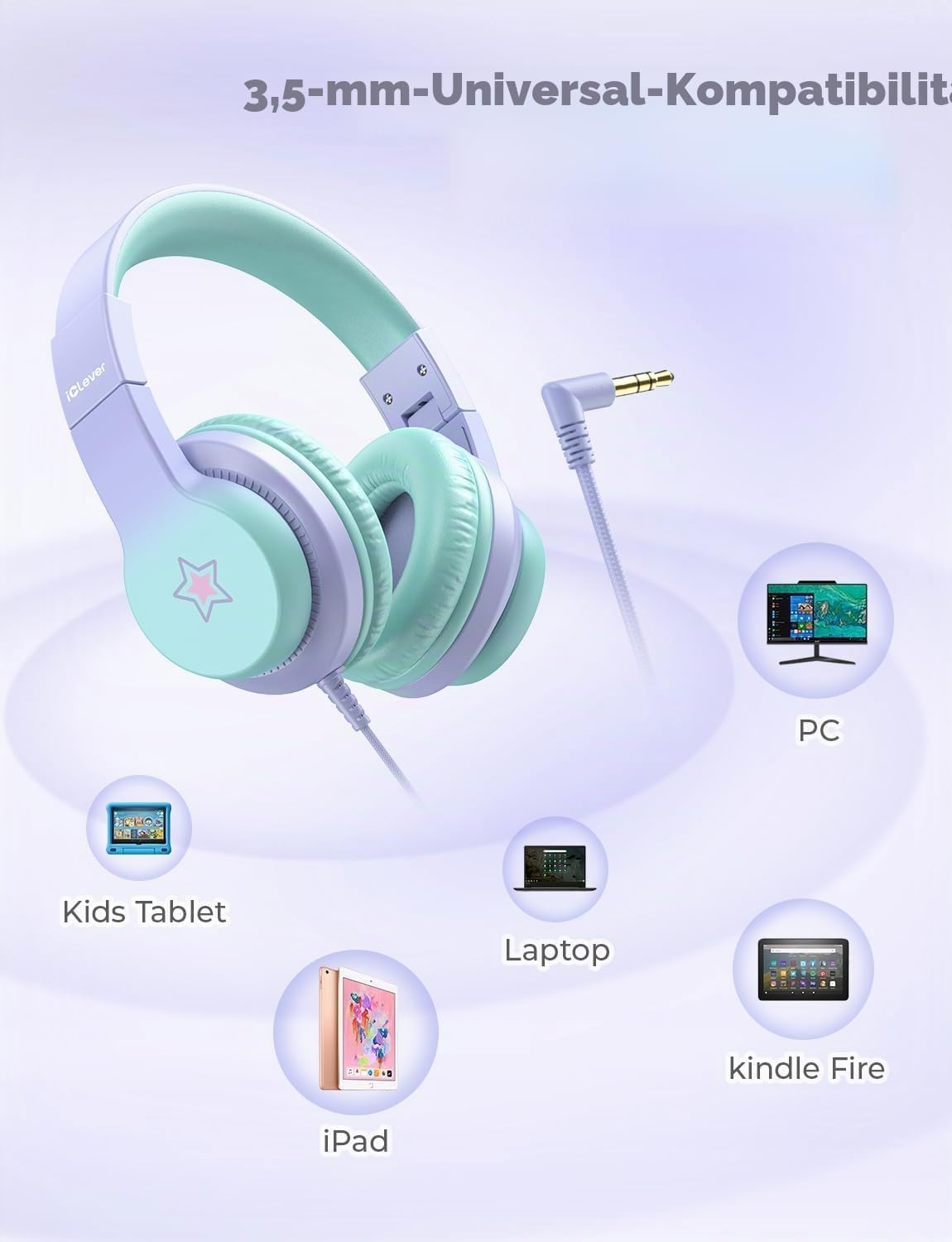 Detalle de iClever Kinder Kopfhörer HS19S mit Kabel – sichere Lautstärke bis 85 dBA, Over-Ear & klappbar (3,5-mm)