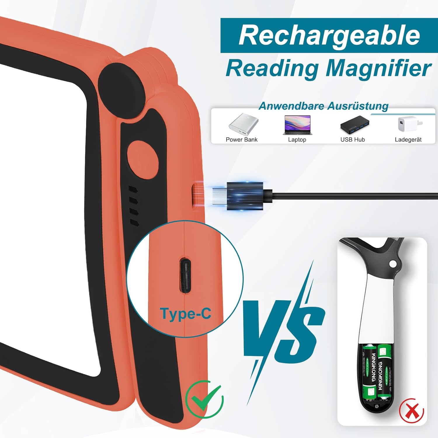 Thumbnail 4 de Tobegiga 5X Magnifying Glass with Light (Orange) – Large Reading Lens with Dimmable LED, USB‑C Rechargeable