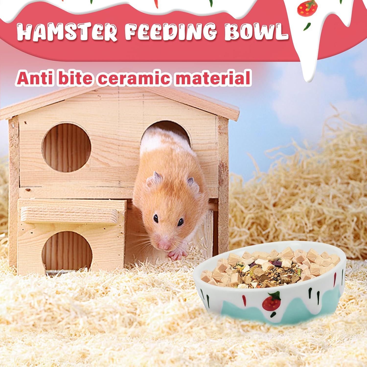 Thumbnail 2 de LuckyOpt round ceramic hamster bowl (blue) with strawberry pattern – anti-tipping, easy-clean food & water dish
