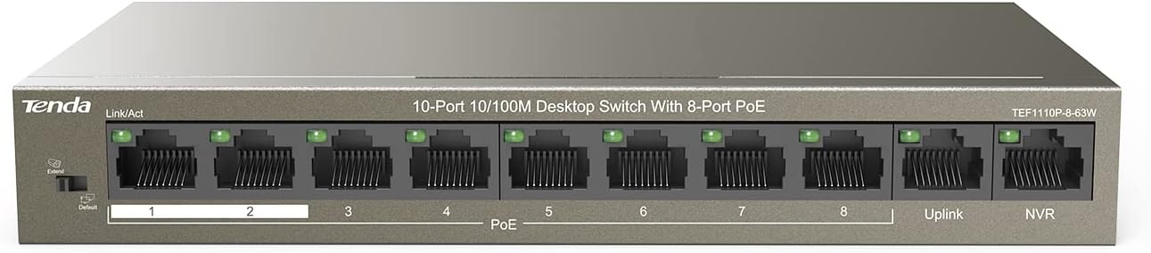 Detalle de TEF1110P-8-63W Tenda PoE switch Ethernet 10 porte 10/100 Mbps con 8 porte PoE e QoS