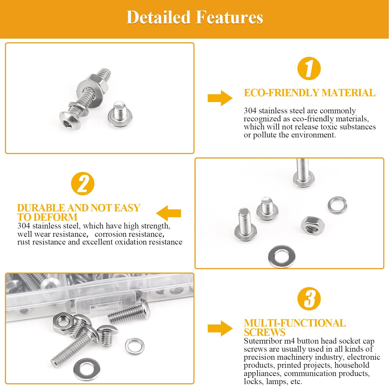 Detalle 2 de Sutemribor M4 Button Head Socket Screw Assortment, 304 Stainless Steel, 7 Lengths