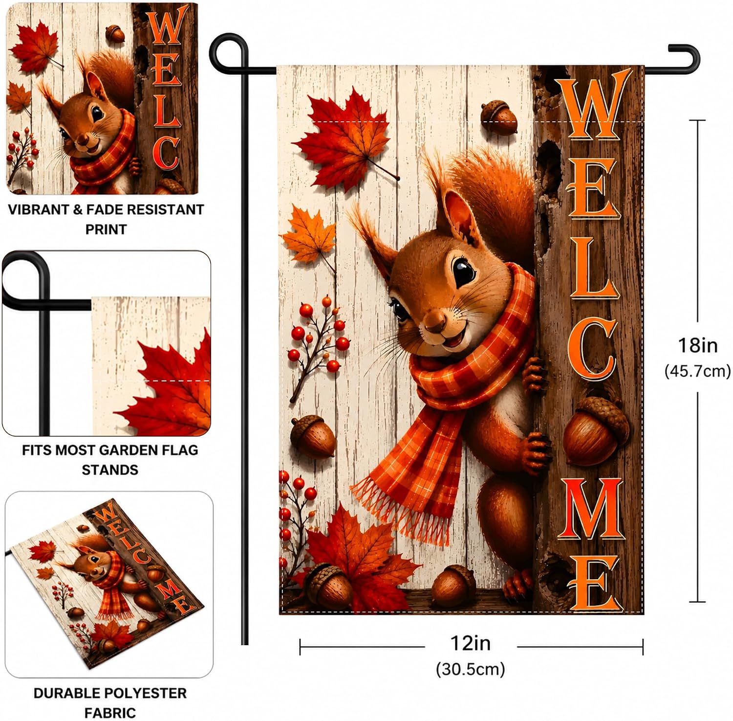 Detalle 2 de OHOME Fall Squirrel Welcome Garden Flag, Double-Sided 12 x 18-Inch Polyester