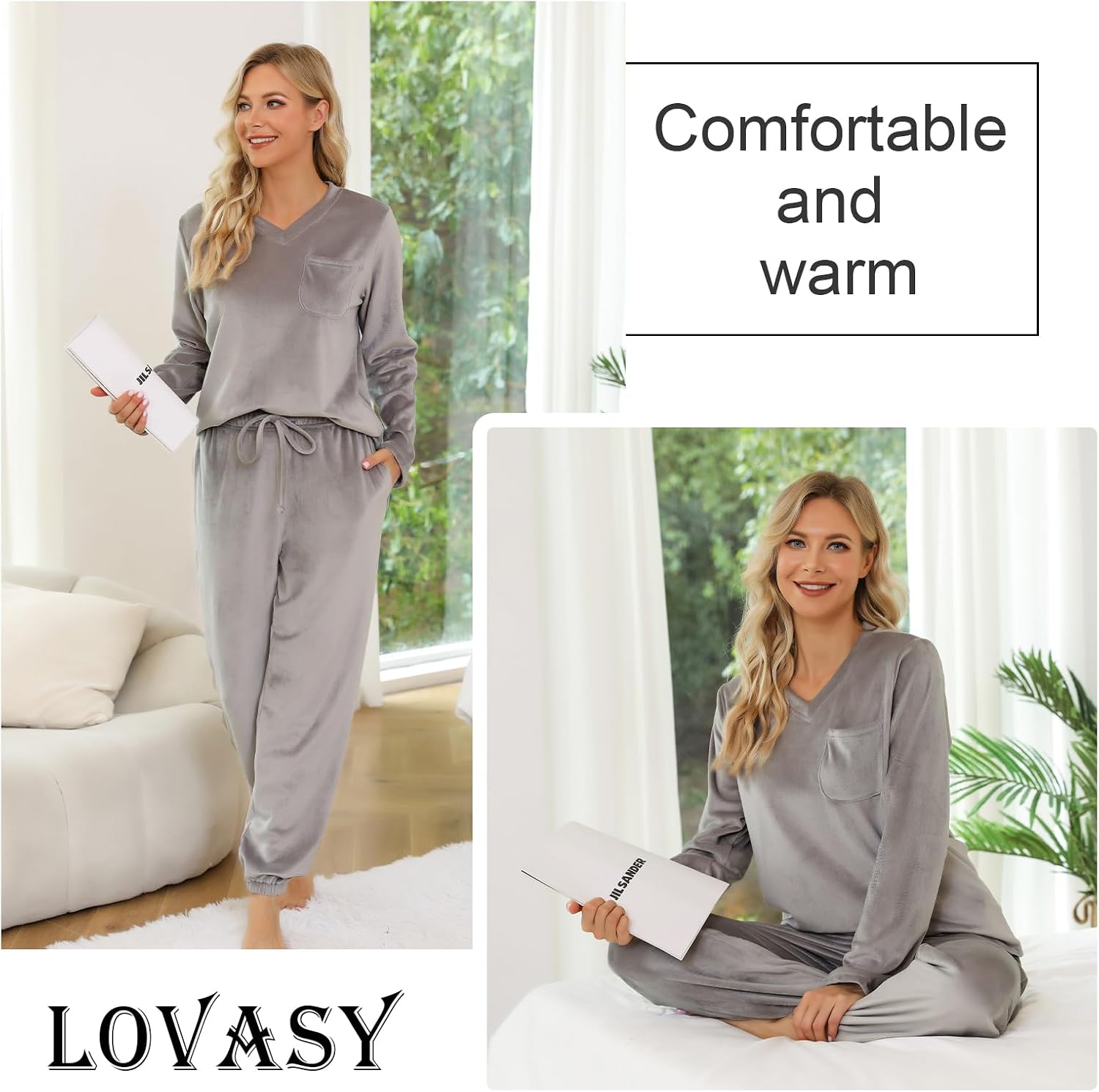 Detalle 2 de Lovasy women’s fleece pyjamas set with pockets – warm, fluffy two-piece loungewear for winter