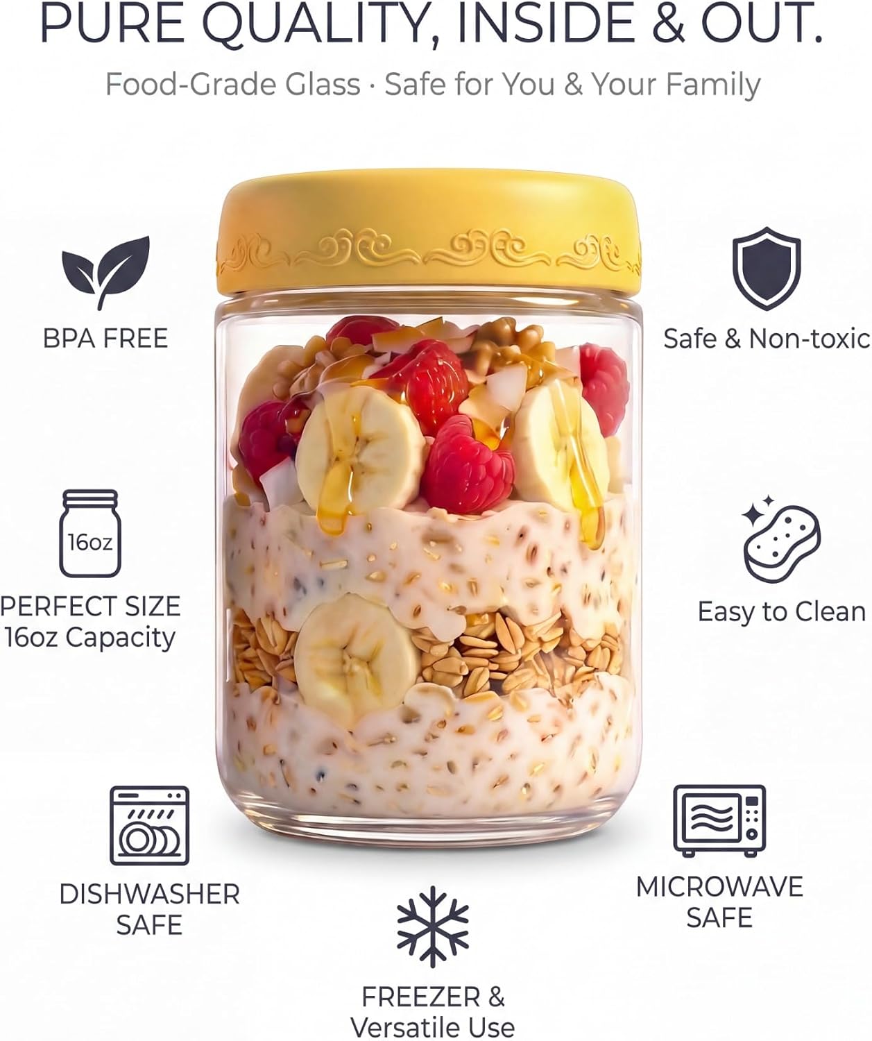 Detalle de DicraoLea 16 oz Glass Overnight Oats Jars, 6-Pack with Airtight Lids