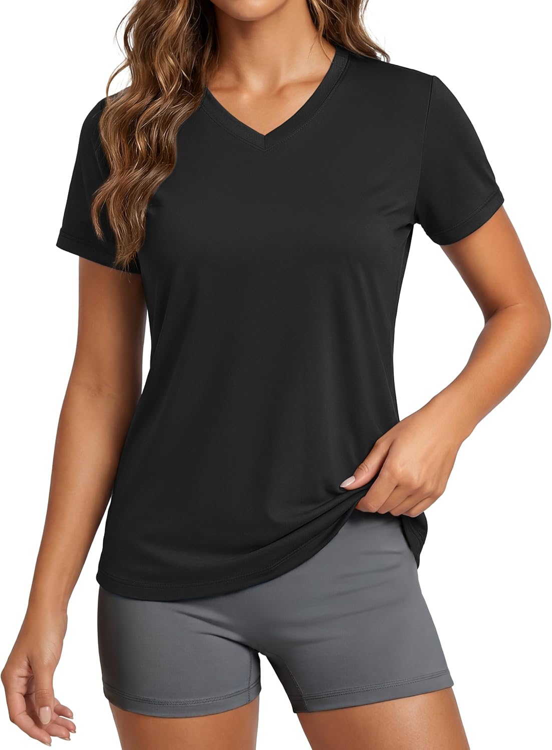 Detalle de MAGCOMSEN Women’s Workout Tops Short Sleeve UPF 50+ Quick-Dry V-Neck Gym T-Shirt