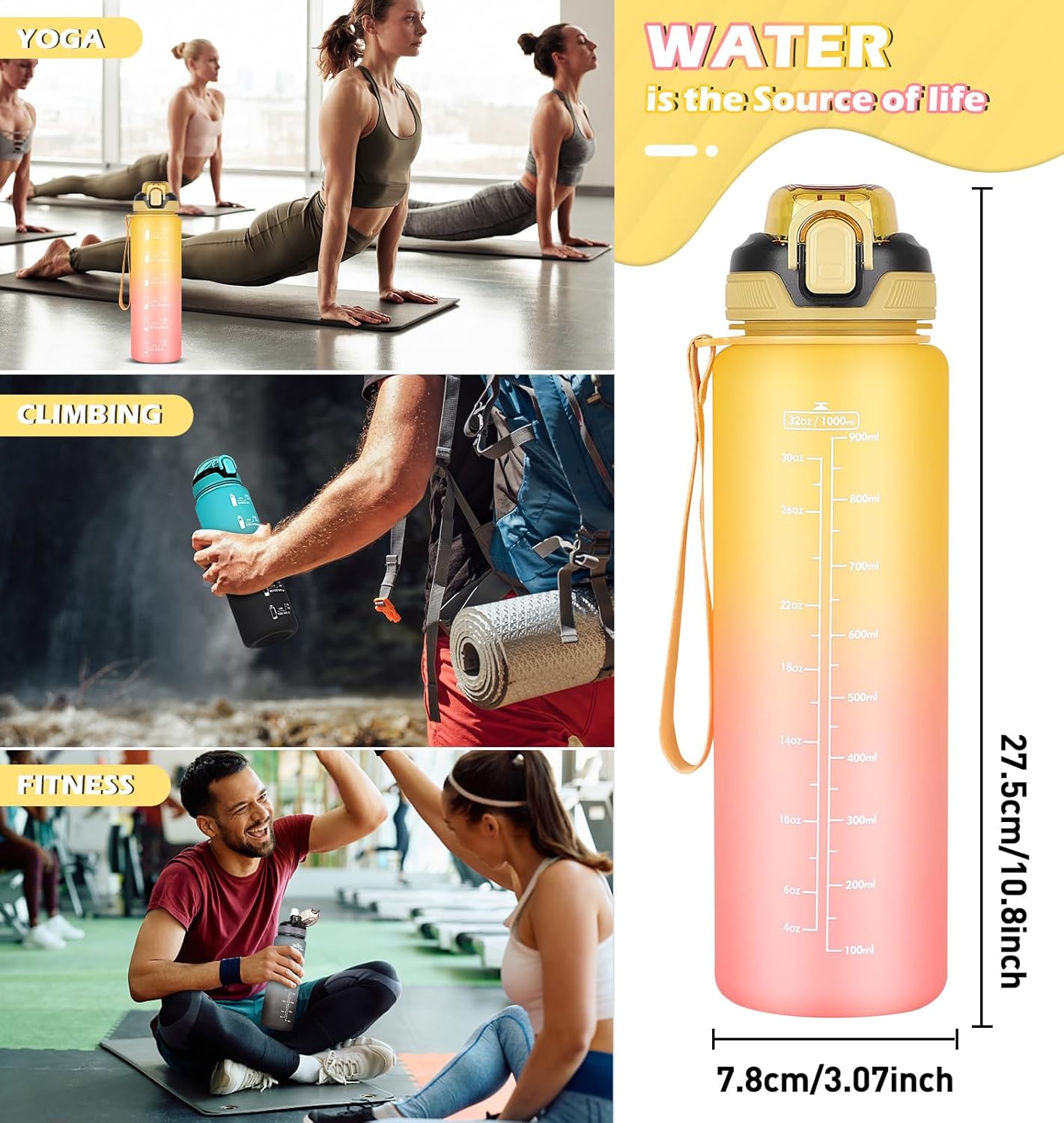 Thumbnail 6 de CodiCile 1L Water Bottle with Straw (leak-proof, dishwasher safe) – time markings & bottle brush, Yellow Pink