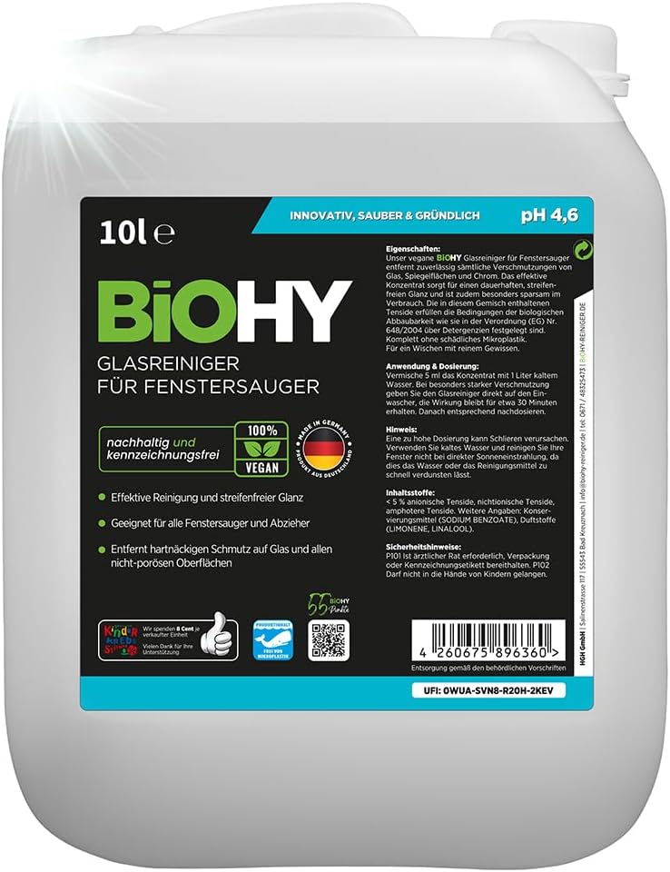 BiOHY Glasreiniger für Fenstersauger (10 Liter Kanister) – Konzentrat für streifenfreien Glanz