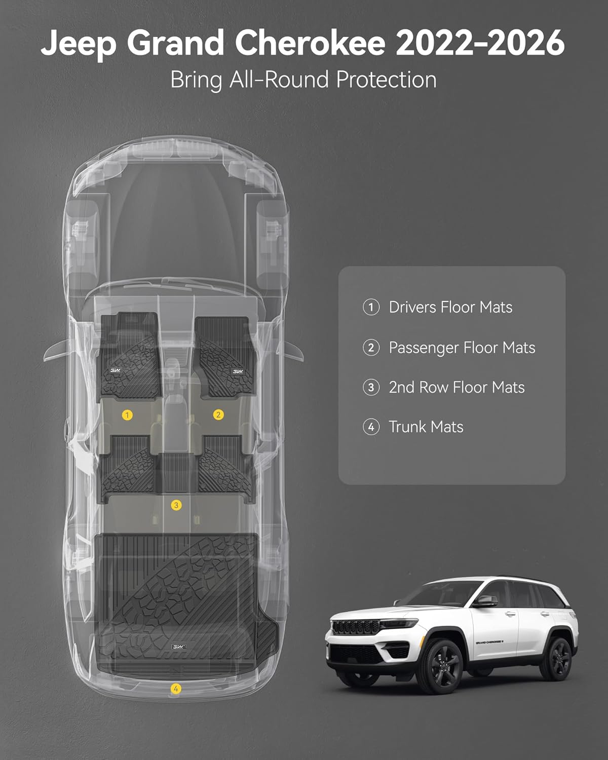 Thumbnail 1 de 3W TPE Floor Mats & Cargo Liner for Jeep Grand Cherokee (2022–2026, WL incl. 4xe, not L or WK) Black