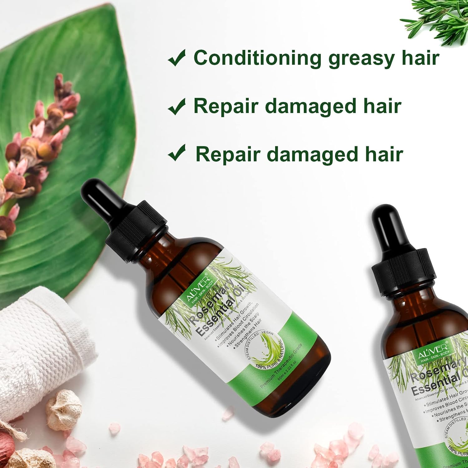 Detalle 2 de Huile Essentielle de Romarin – Croissance des Cheveux et Soin de la Peau, 100% Pure et Organique, 60 ML