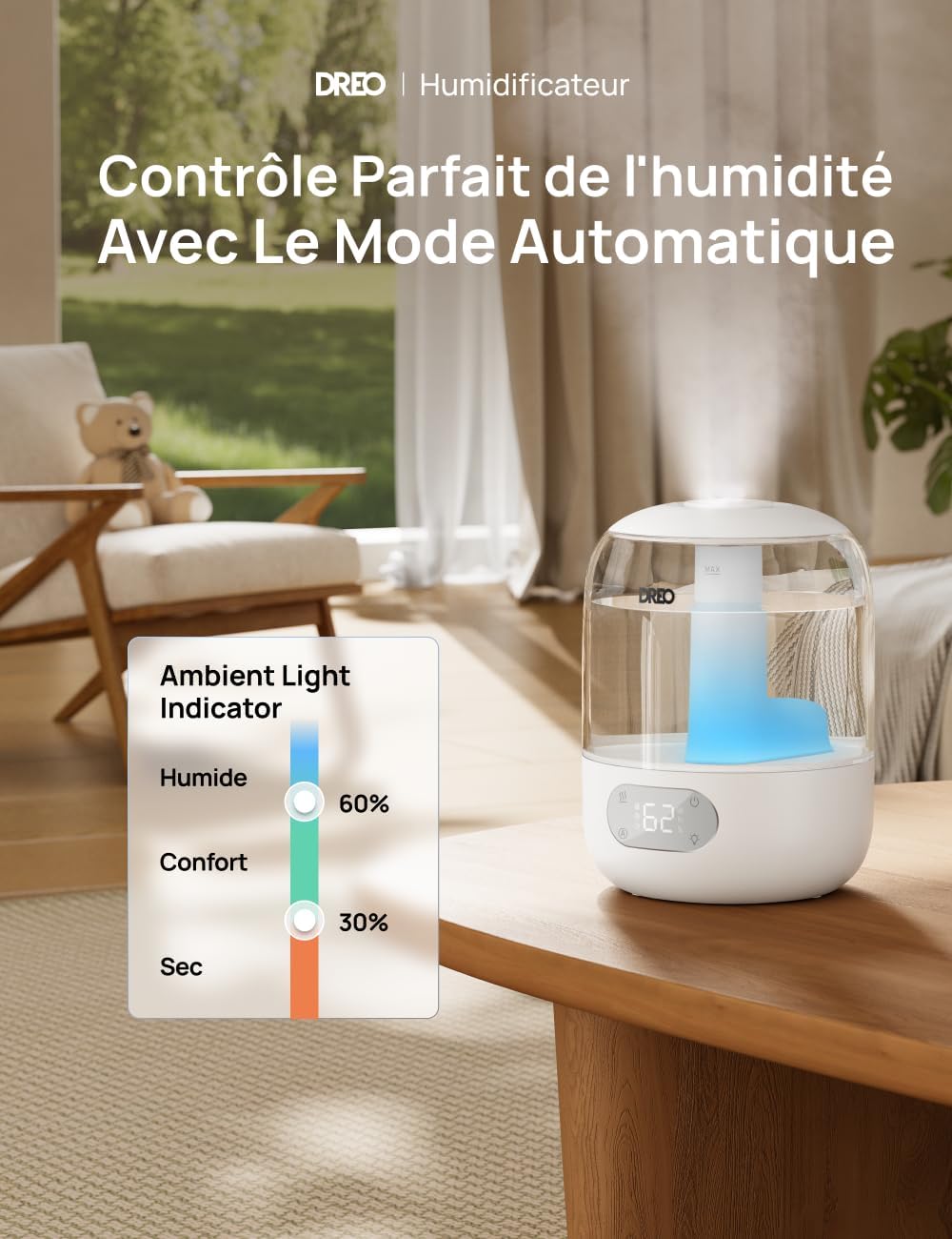 Thumbnail 1 de Dreo 3L Humidificateur Bébé Silencieux: brume fraîche, capteur d’humidité et lumière d’ambiance