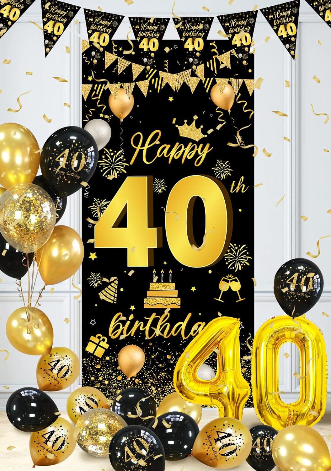 Thumbnail 3 de 40th Birthday Balloons & Decorations (Gold and Black) – Banner, Bunting, Foil Number 40 and Confetti Balloons