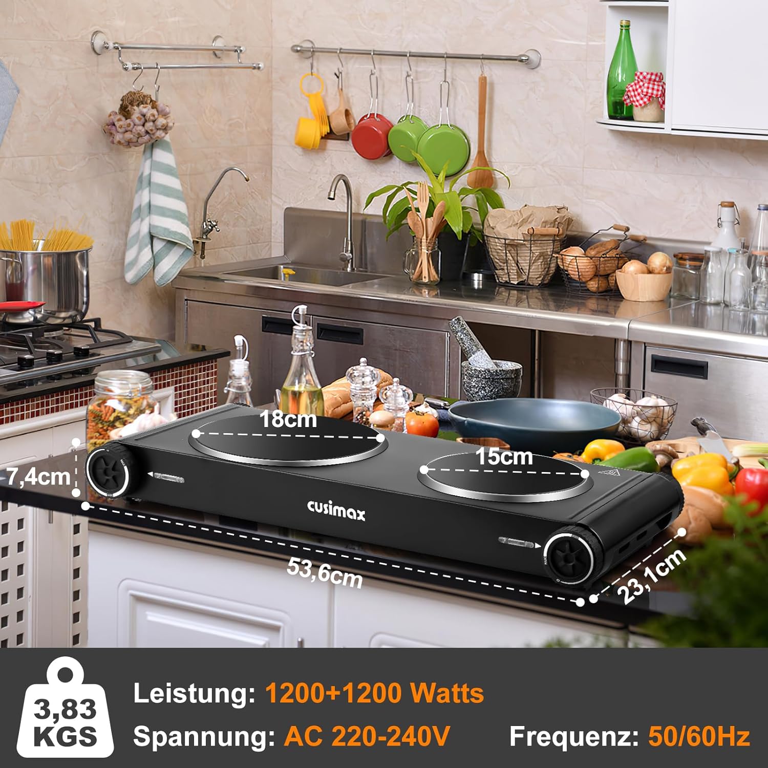 Thumbnail 6 de CUSIMAX Kochplatte mit verstecktem Griff, 2400 W – 2 Glaskeramik-Felder, tragbar, Infrarot-Heizplatte, Edelstahlgehäuse