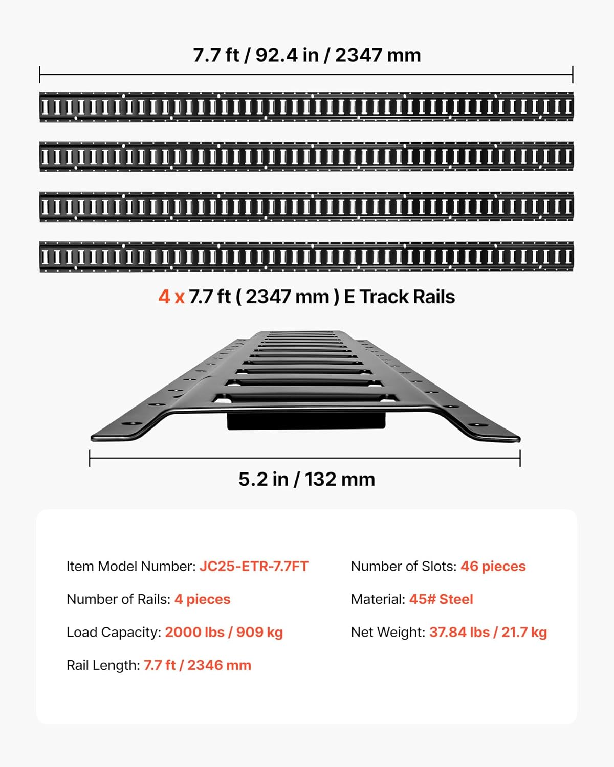 Thumbnail 6 de VEVOR kit rails d’arrimage E-Track (lot de 4 rails 2,3 m) – capacité annoncée 909 kg