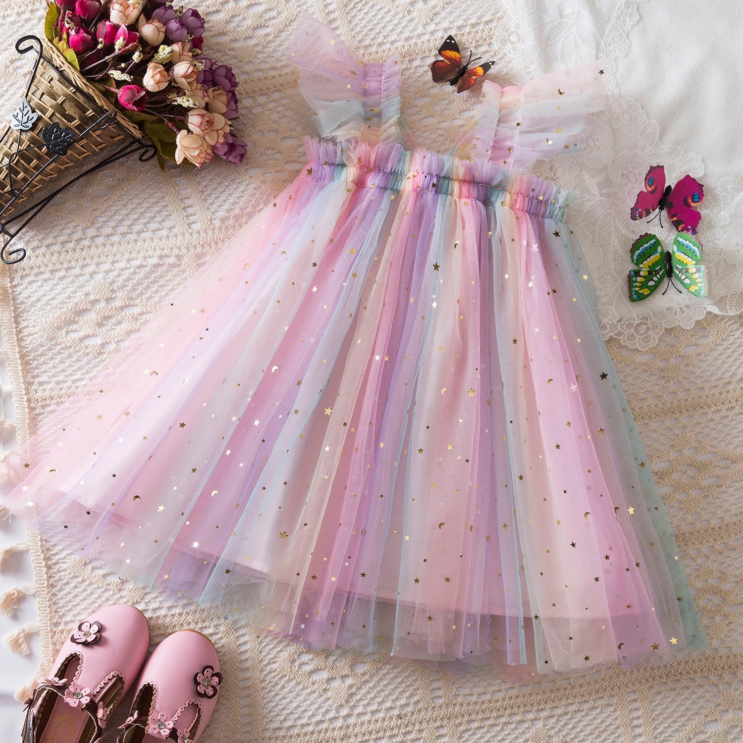 Thumbnail 1 de NNJXD Baby Girl Rainbow Tulle Dress: Fairy Butterfly Party Dress for Toddlers