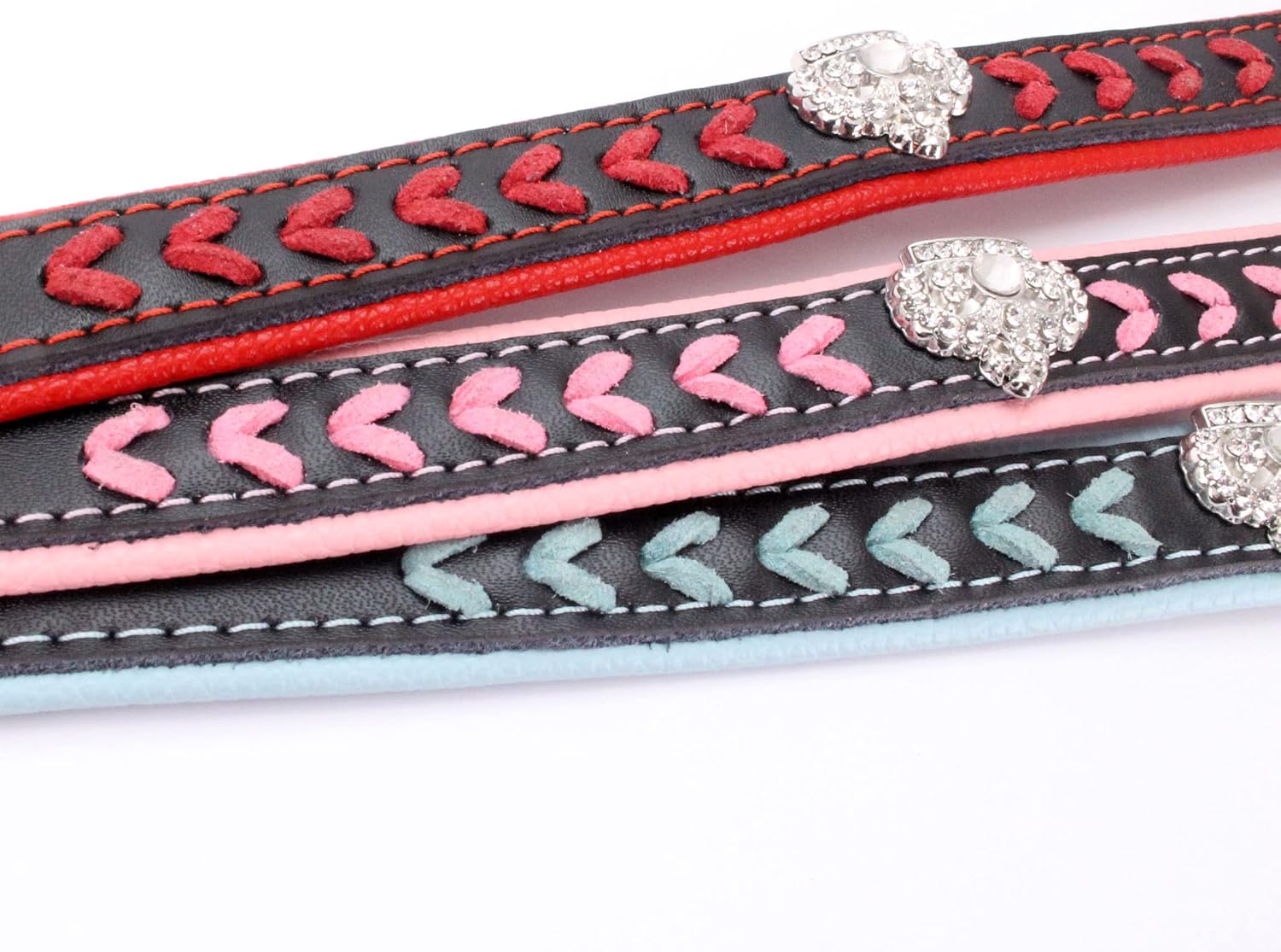 Thumbnail 5 de haoyueer Braided Soft Padded Genuine Leather Dog Collar with Rhinestone Crown (Size L, Blue)