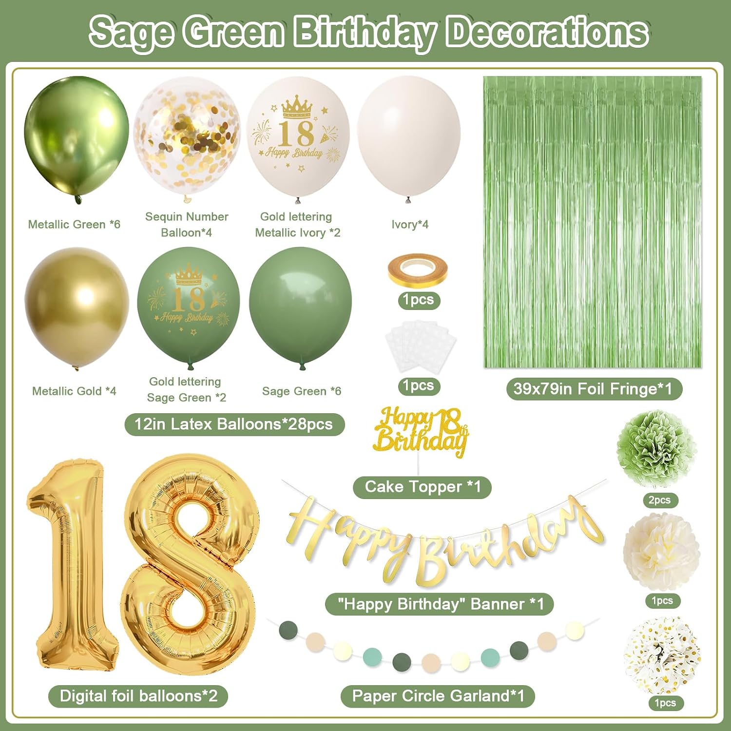 Detalle de 18 Geburtstag Deko Grün Gold Set – Luftballons, Banner, Pompons und Lametta-Vorhänge