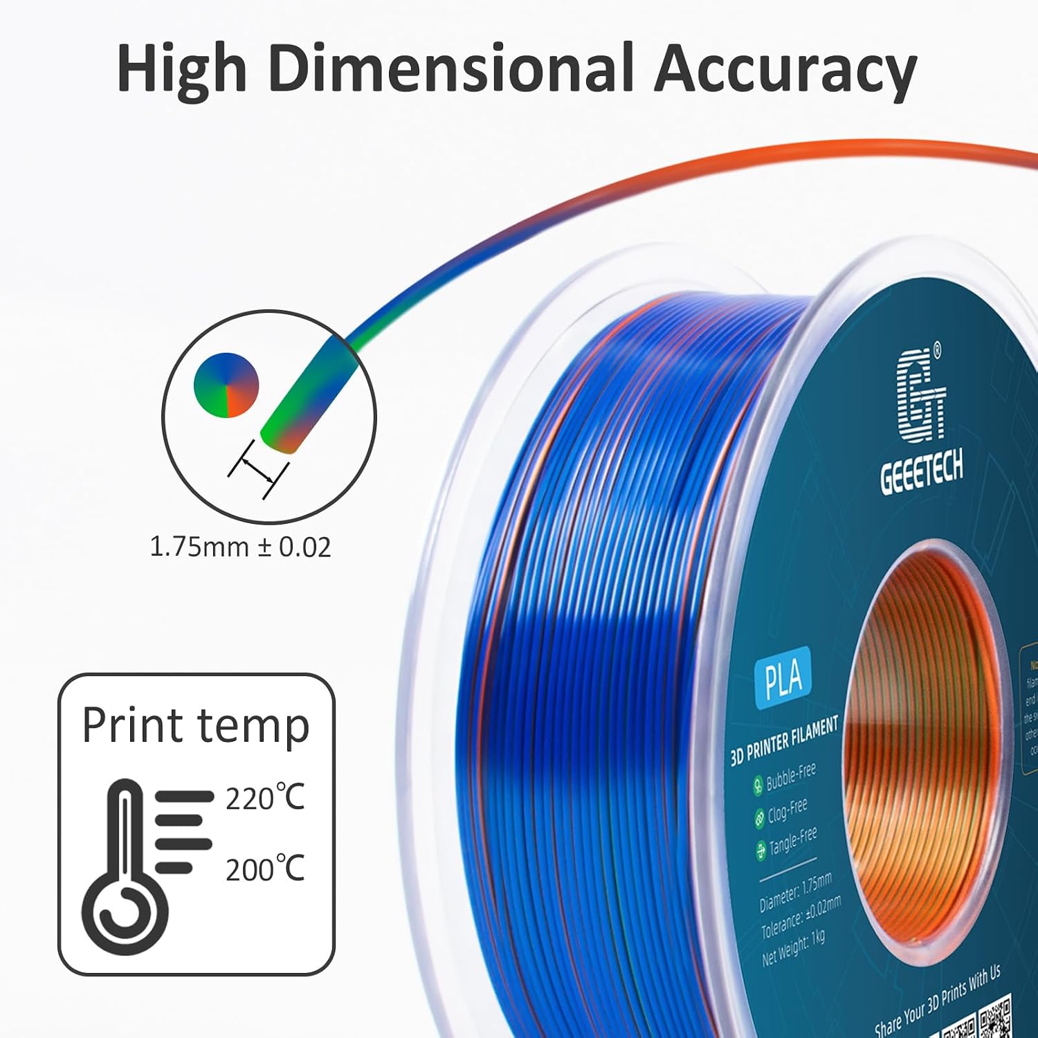 Detalle de GEEETECH Tricolor Silk PLA Filament 1.75 mm – 1 kg Spool (Silk Orange Blue Green)