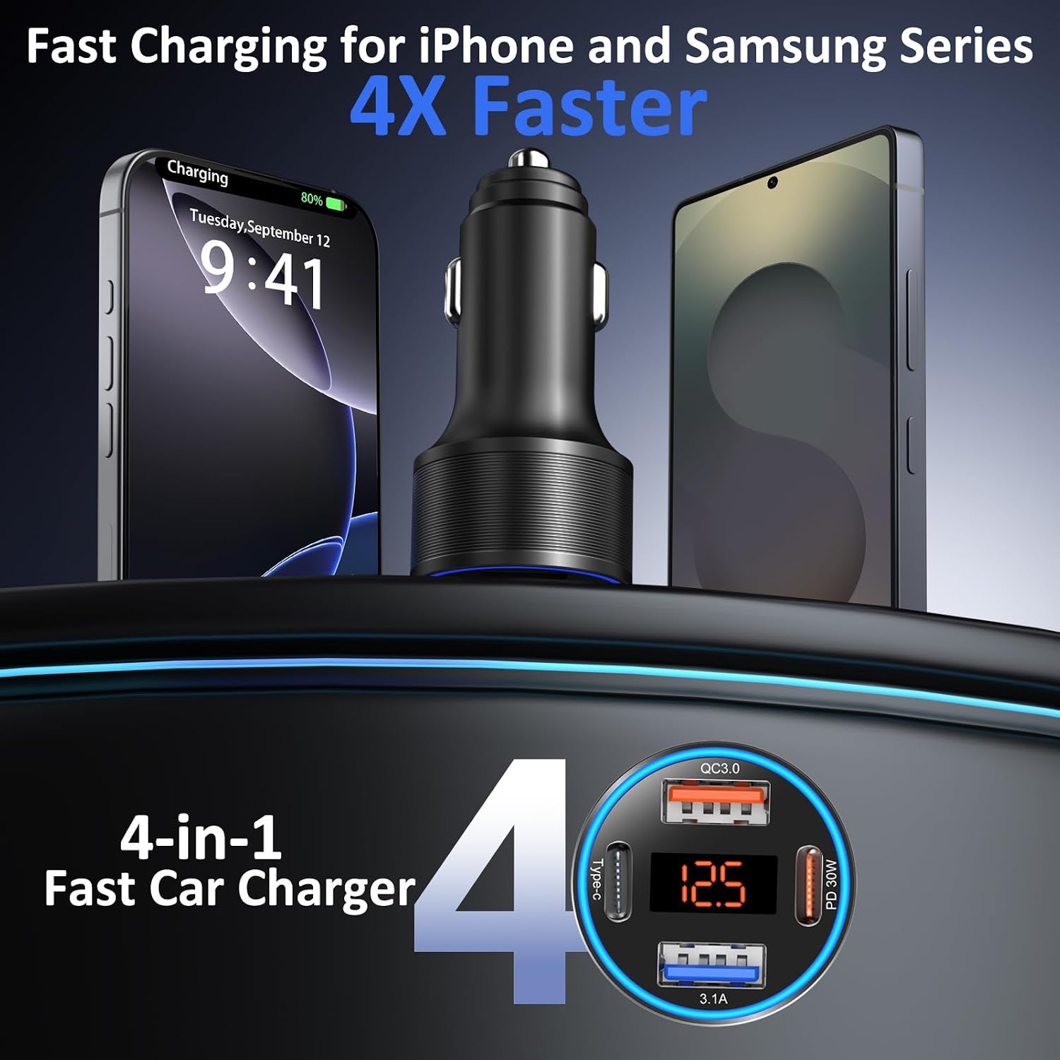 Thumbnail 1 de 3-Pack 65W USB-C Car Charger with 4 Ports (2x USB-C + 2x USB-A) and Voltmeter – PD 3.0 / QC 3.0 Fast Charging