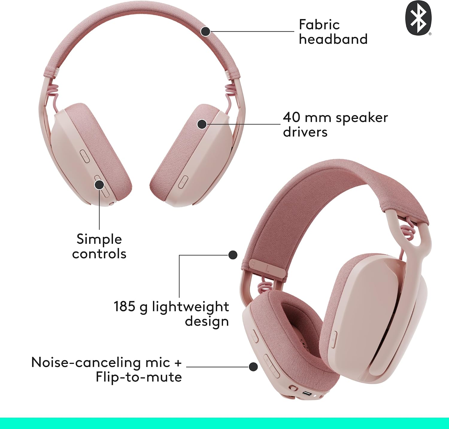 Detalle de Logitech Zone Vibe 100 Wireless Over-Ear Headphones, Rose, Multipoint Bluetooth