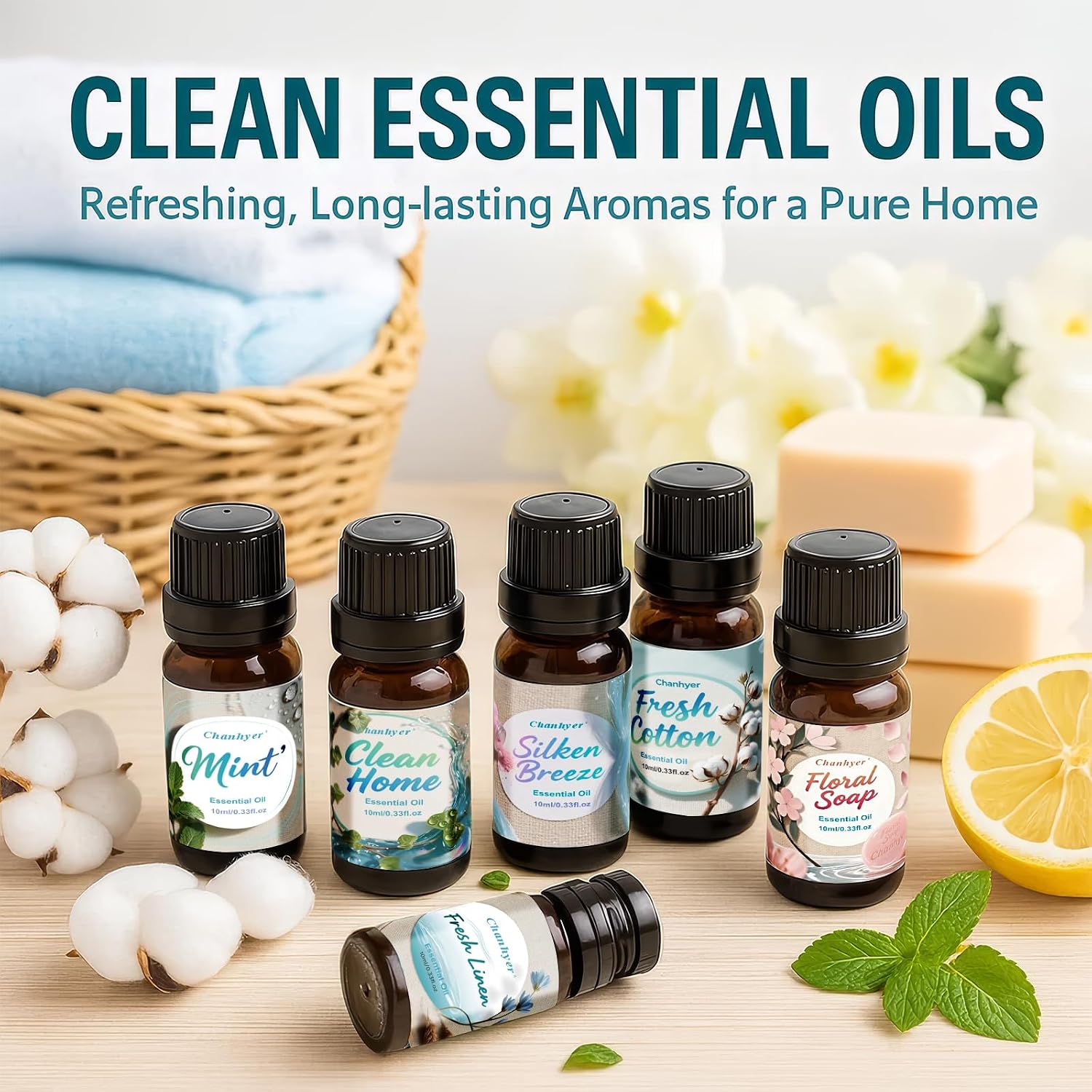 Detalle de Clean Essential Oils Set 6x10ml – Fresh Linen, Mint, Clean Home, Silken Breeze, Fresh Cotton, Floral Soap