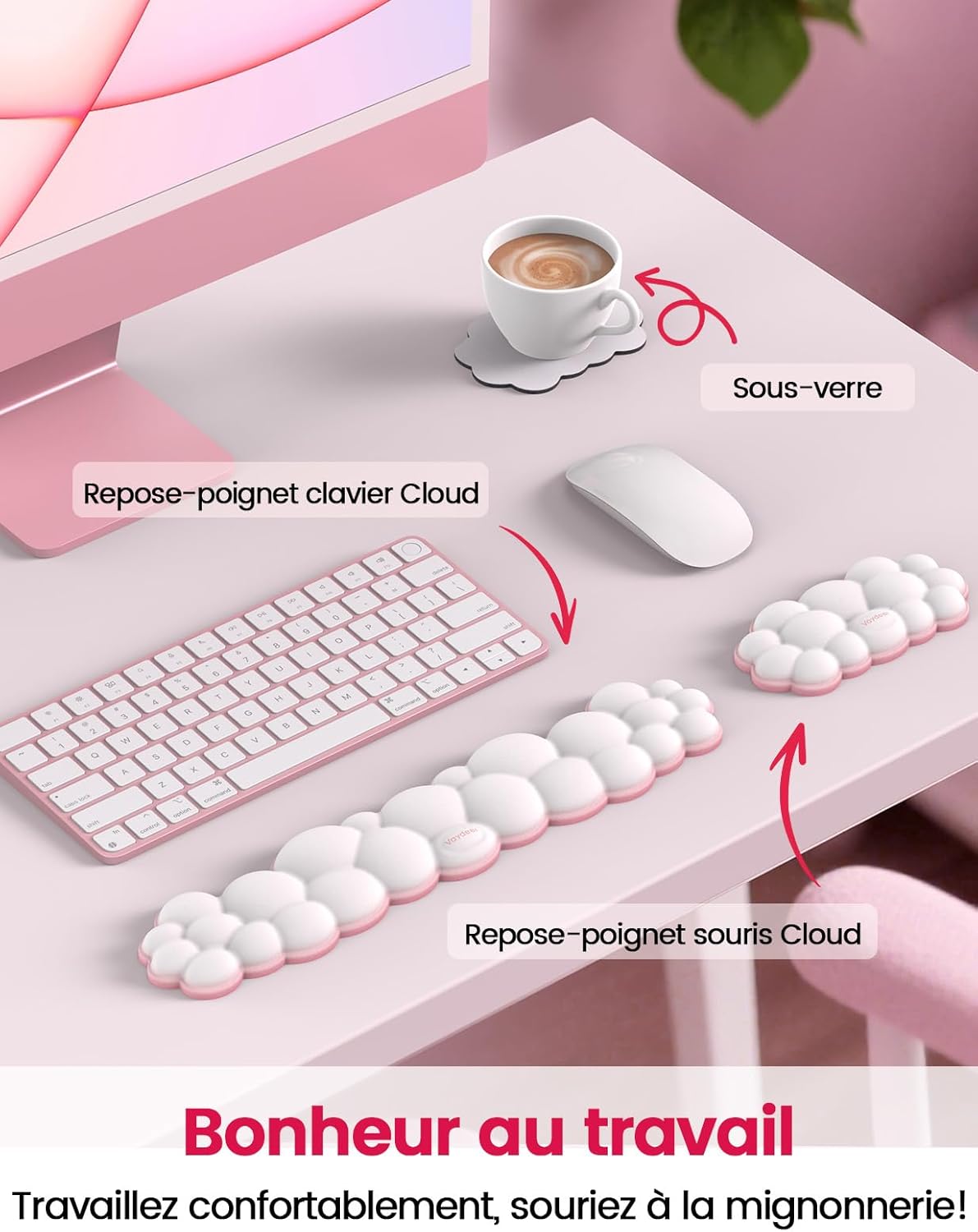 Detalle 2 de VAYDEER Repose-poignet Nuage – coussin ergonomique en mousse à mémoire de forme bicolore blanc & rose
