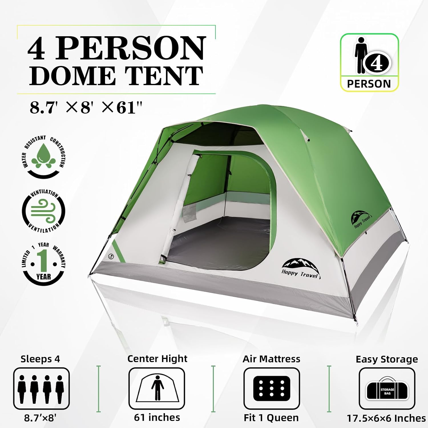 Detalle 2 de Happy Travel Camping Tent: 4-6 Person Dome Tent with Rainfly