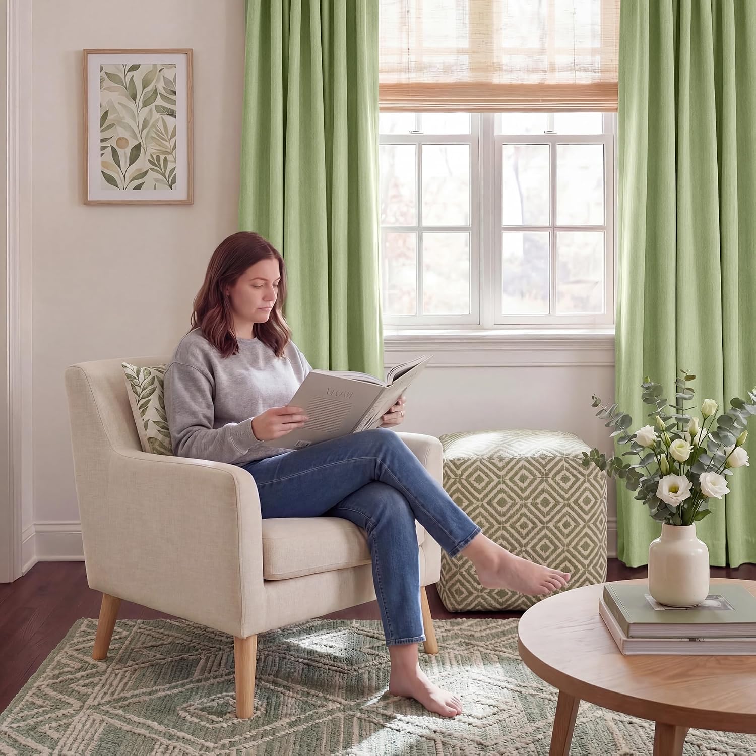 Detalle 2 de NICETOWN 100% Absolutely Blackout Linen Curtains – Olive Green, 52" Wide, 2 Panels (84" Long)
