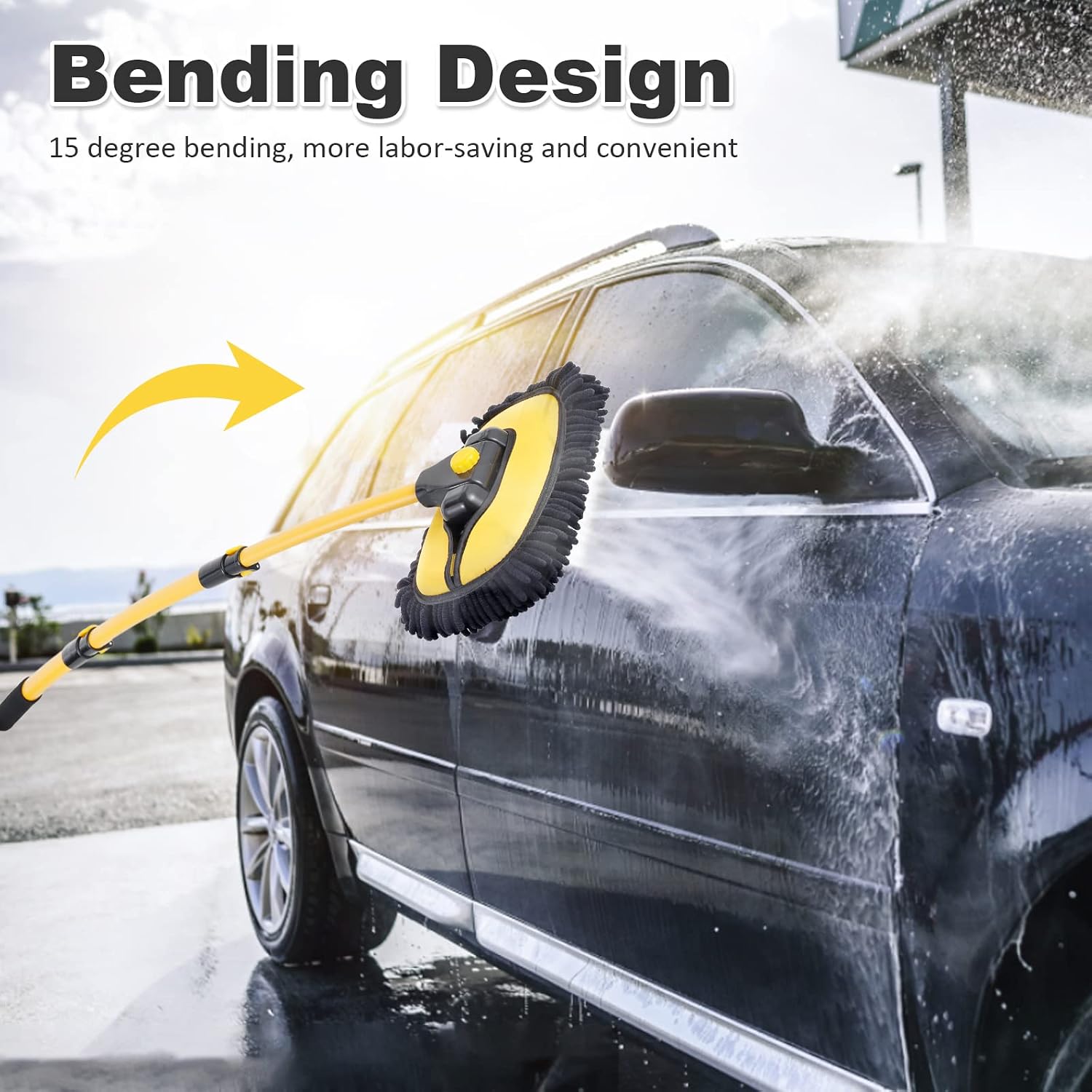 Thumbnail 5 de 15° Curved Car Cleaning Brush with Telescopic Handle – 1 Mop + 2 Cloths Microfibre Kit