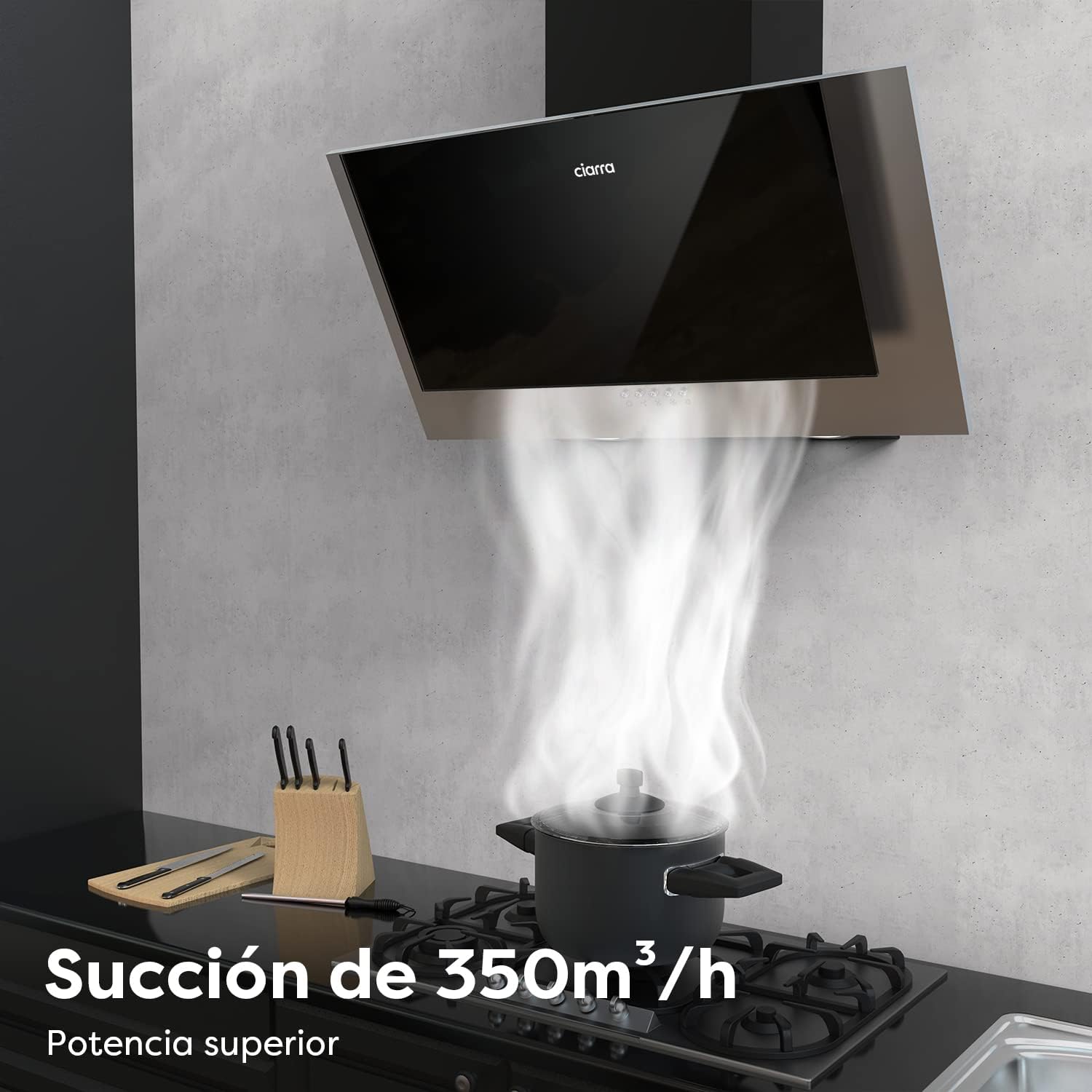 Thumbnail 1 de CIARRA Campana Extractora 60cm Extractor Cocina Clase A++ 350m³/h 3 Velocidades Potencia Recirculación Interna por Filtro de Carbono de Bajo Consumo Cristal y Acero inoxidable CBCB6736C