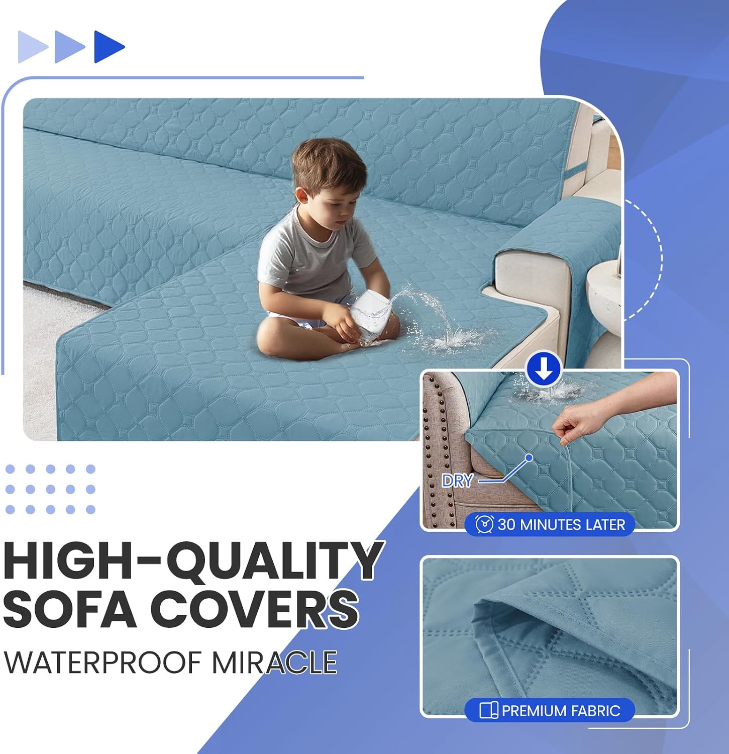 Thumbnail 4 de Ystyle Copridivano impermeabile angolare reversibile con penisola per 4 posti (L 280 cm) in blu acqua