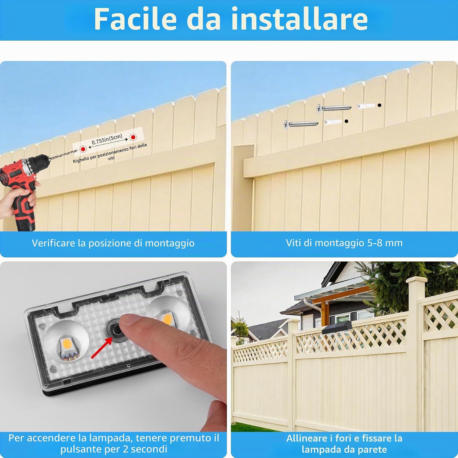 Detalle de Sylvwin Lampade solari da esterno – confezione da 4 applique LED per pareti, gradini e recinzioni (bianco caldo)