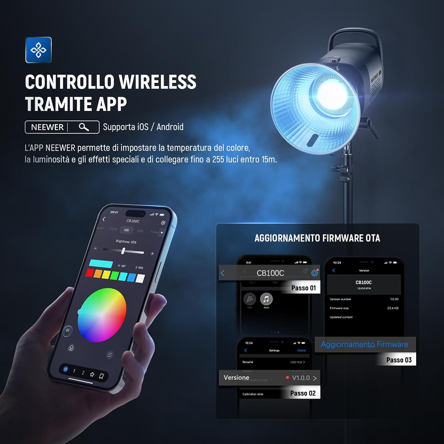 Detalle de NEEWER CB100C Luce Video LED RGB 130W con controllo app e 2,4G, attacco Bowens